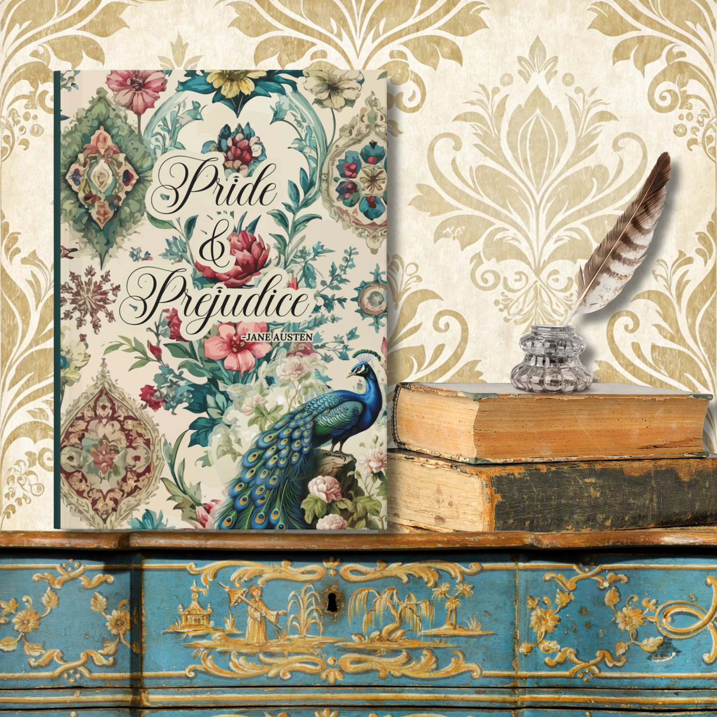 Journal with the title 'Pride & Prejudice' by Jane Austen on a decorative surface with peacock and floral design.