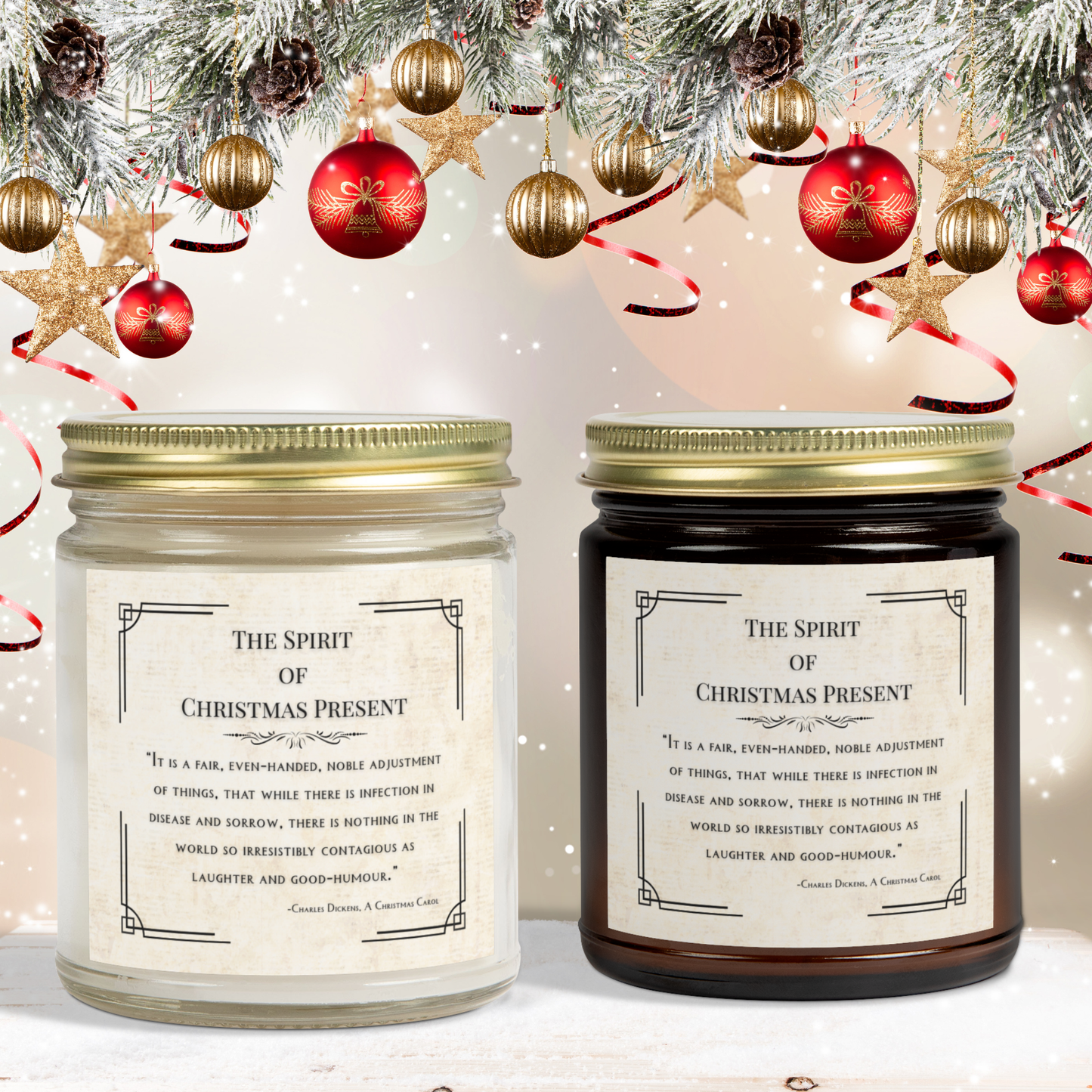 Two candles with labels in front of a decorated Christmas tree