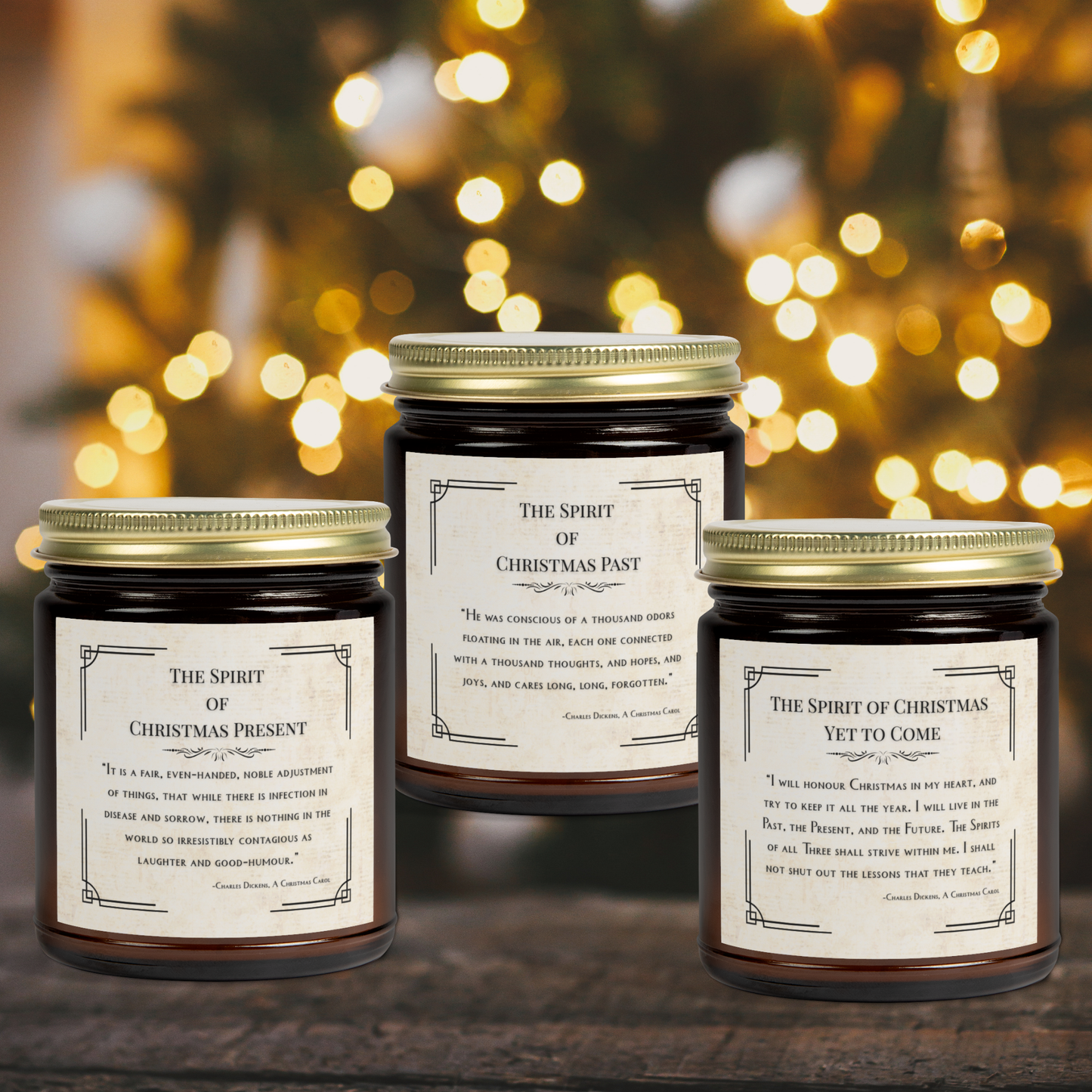 The Three Spirits of Christmas Candle Trio - Christmas Past, Christmas Present and Christmas Yet to Come. Blurred Lights in background.