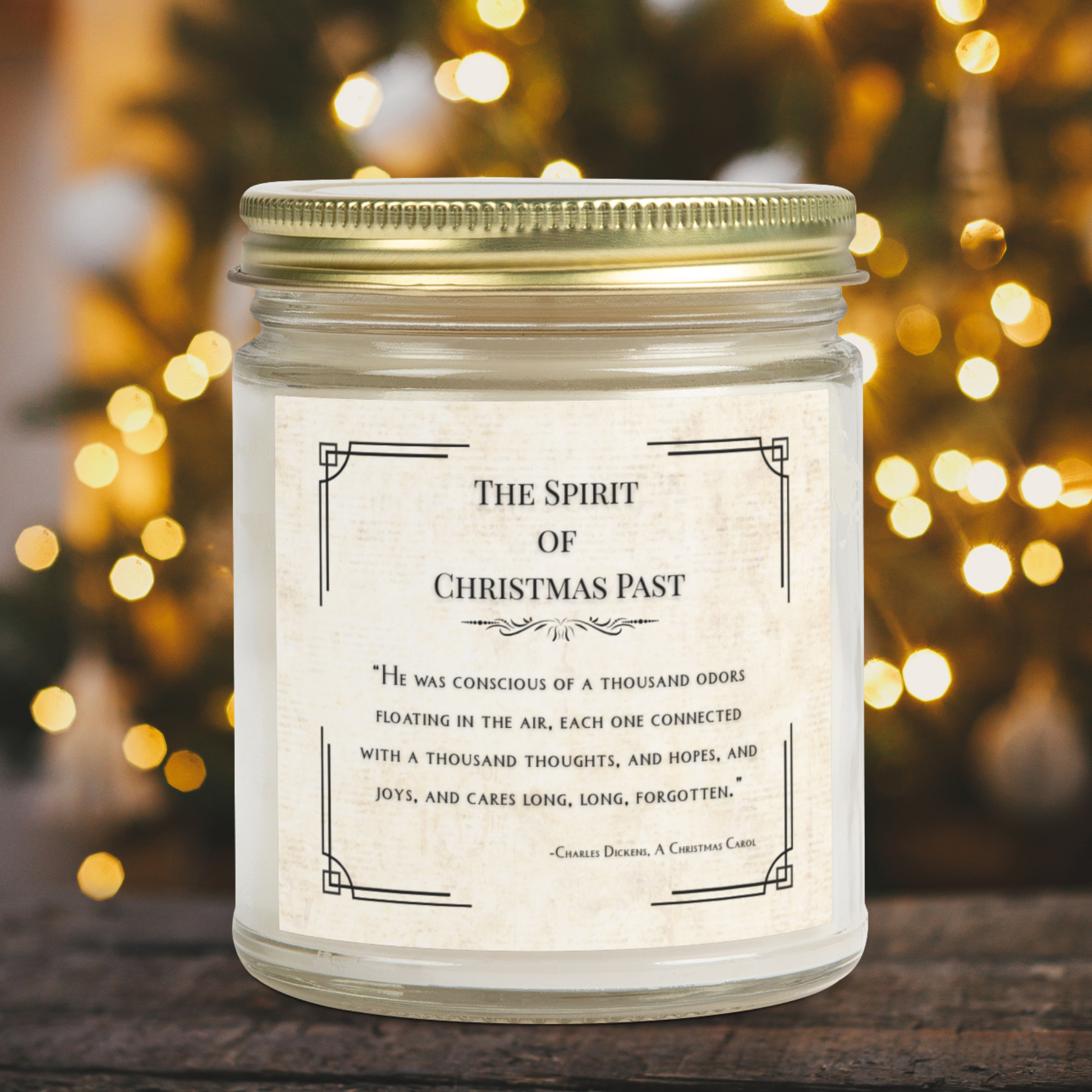 Candle jar labeled 'The Spirit of Christmas Past' with a festive background