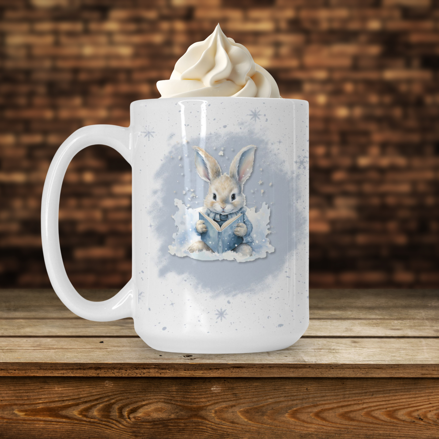 White mug with a rabbit design on a wooden surface