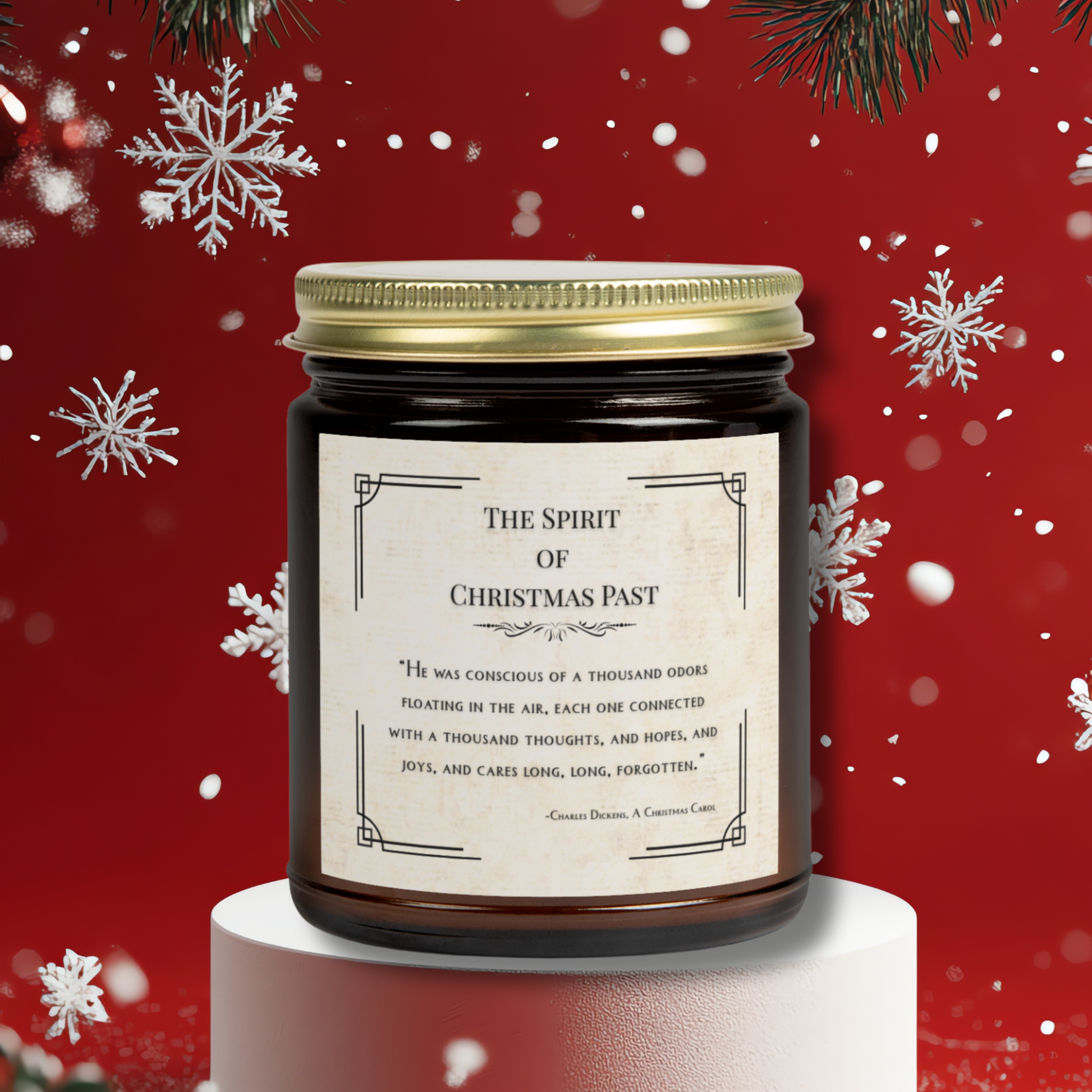 Candle jar with a label on a red background with snowflakes
