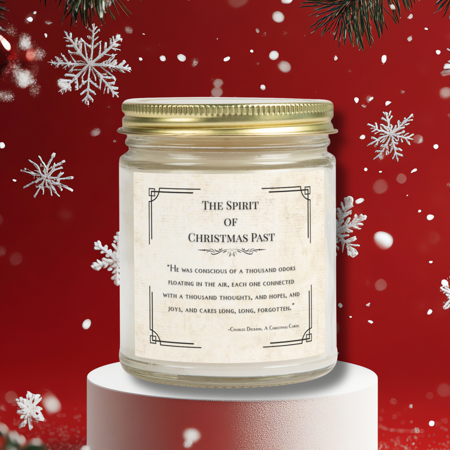 Candle jar with decorative label on a red background with snowflakes