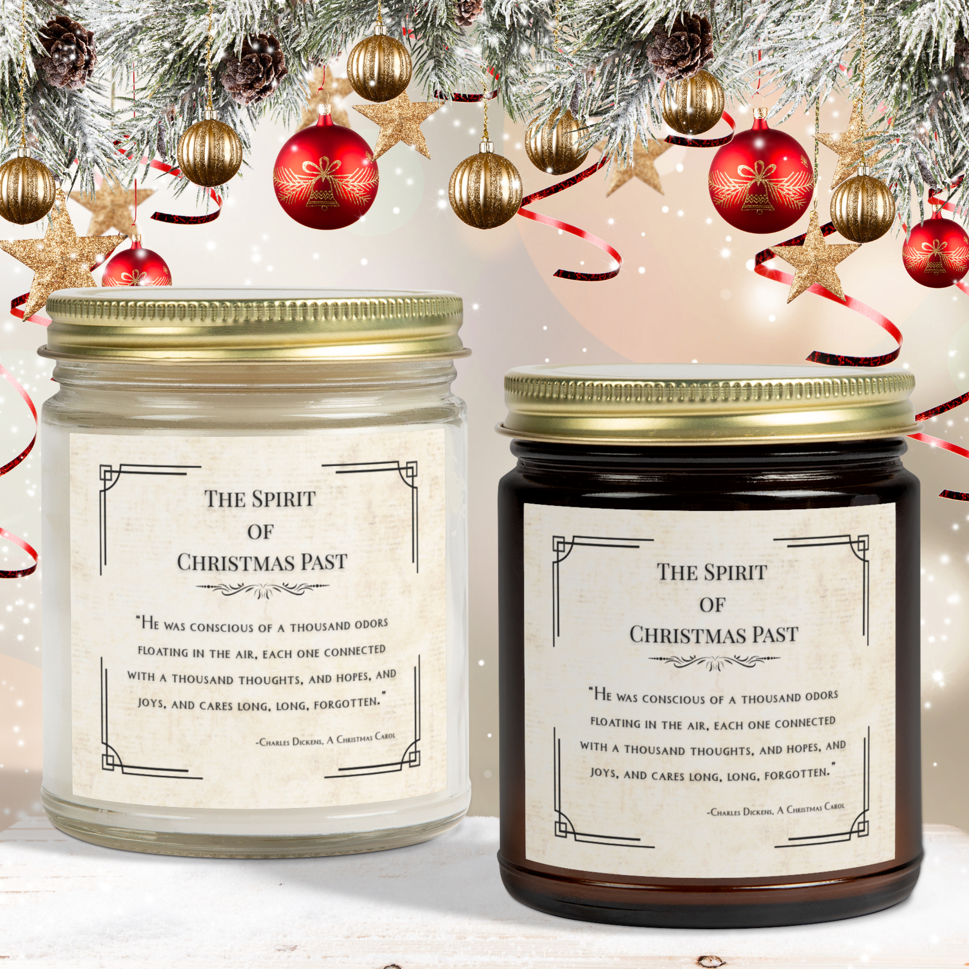 Two candles labeled 'The Spirit of Christmas Past' with a festive background.