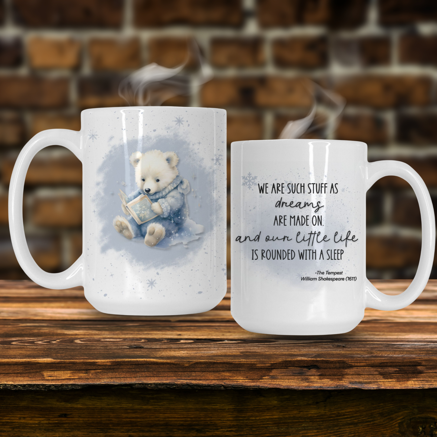 Two mugs on a wooden surface with one featuring a teddy bear design and the other with text.