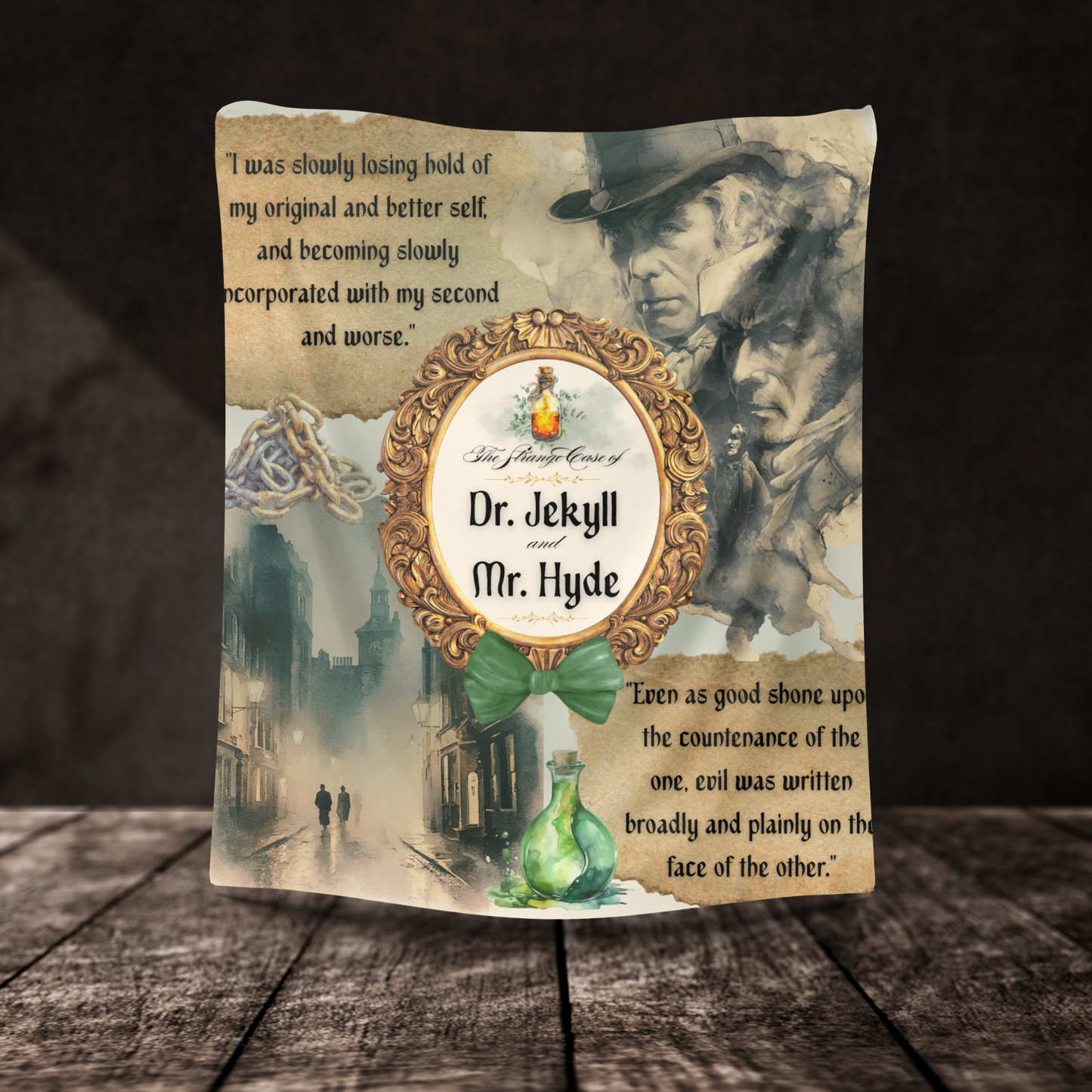 Dr. Jekyll and Mr. Hyde sherpa blanket shown in full length over a wooden floor.