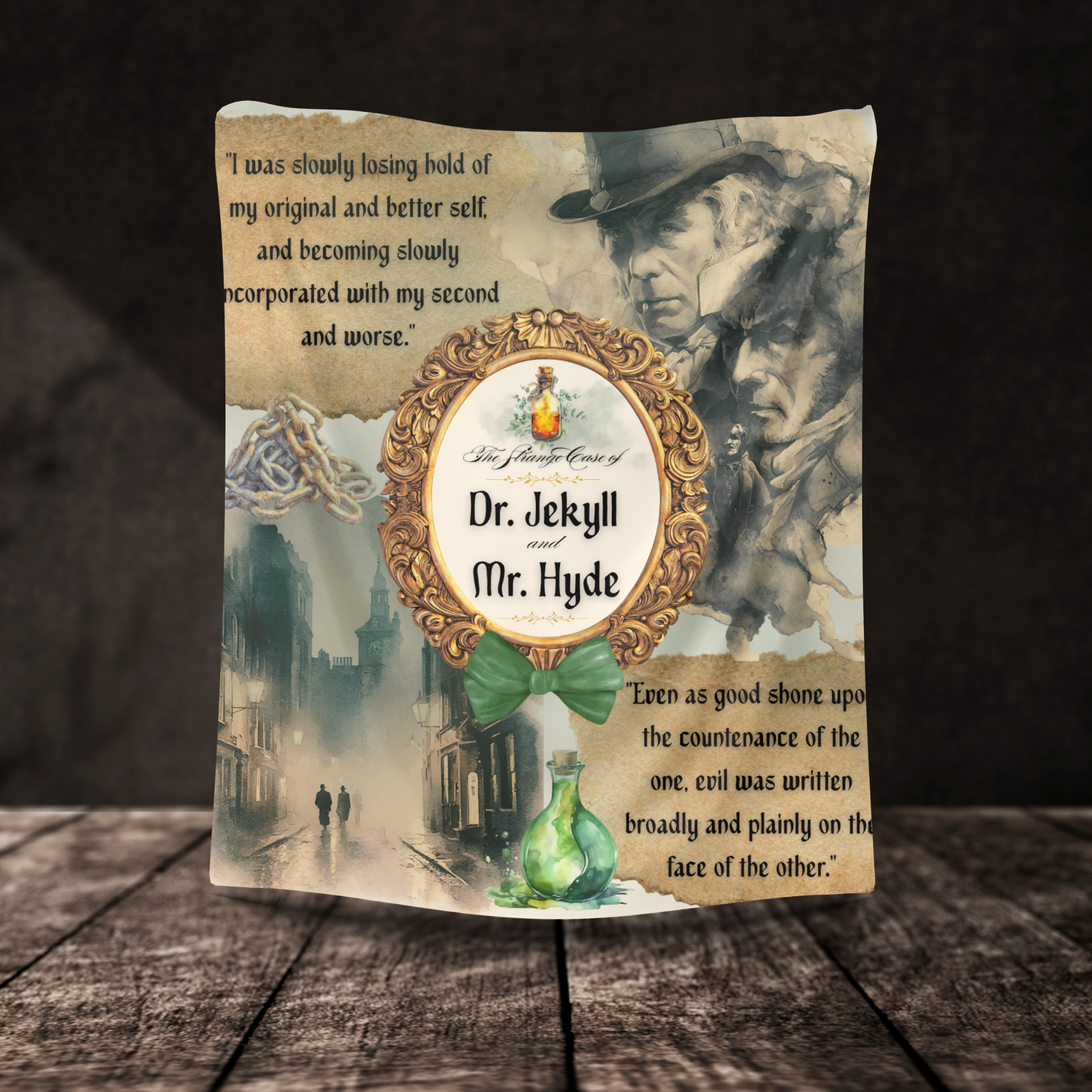 Dr. Jekyll and Mr. Hyde sherpa blanket shown in full length over a wooden floor.