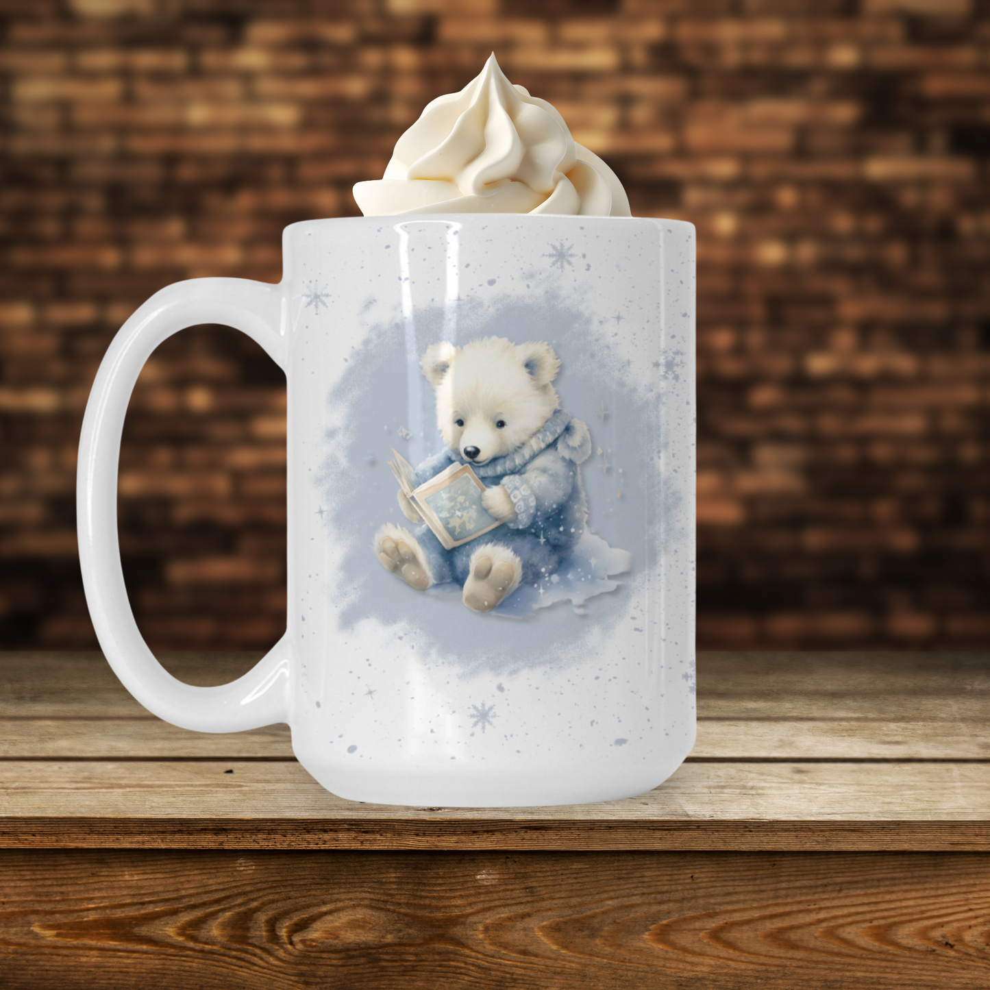 White mug with a teddy bear design on a wooden surface