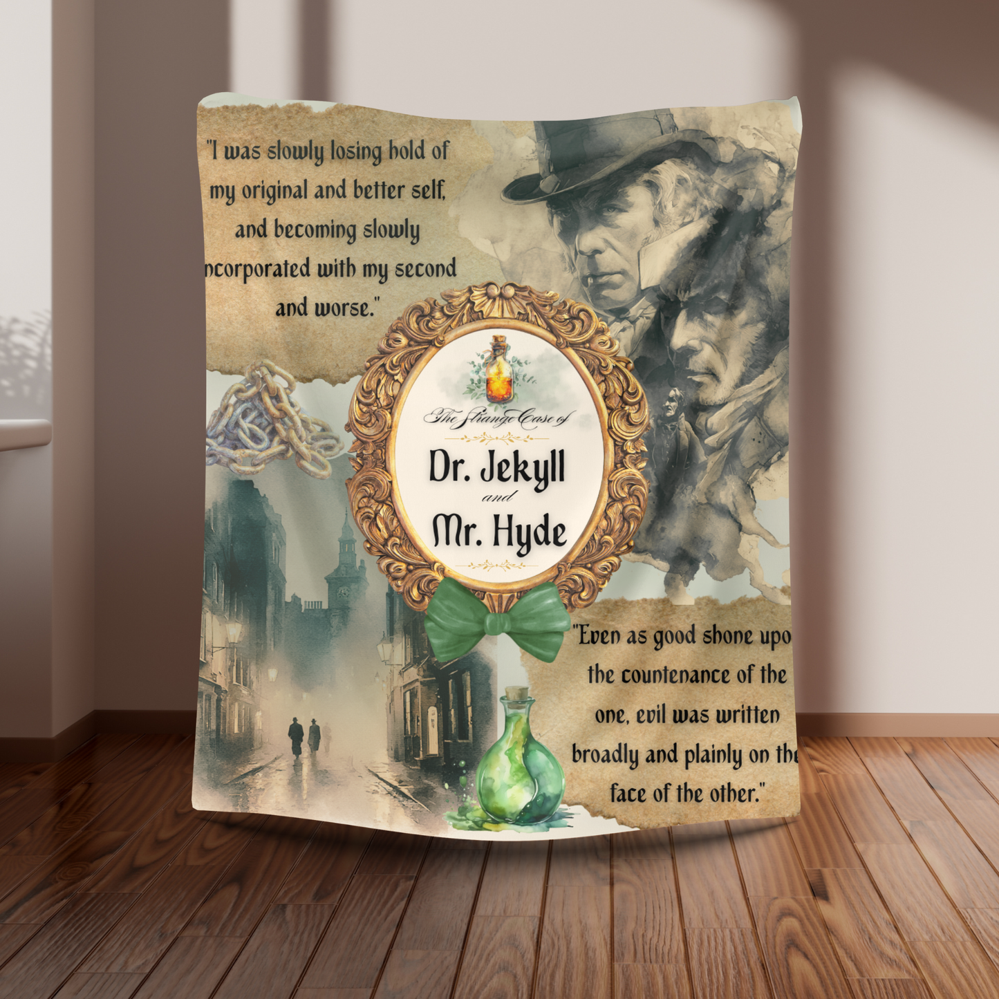 Fleece blanket with Dr. Jekyll and Mr. Hyde design on a wooden floor.