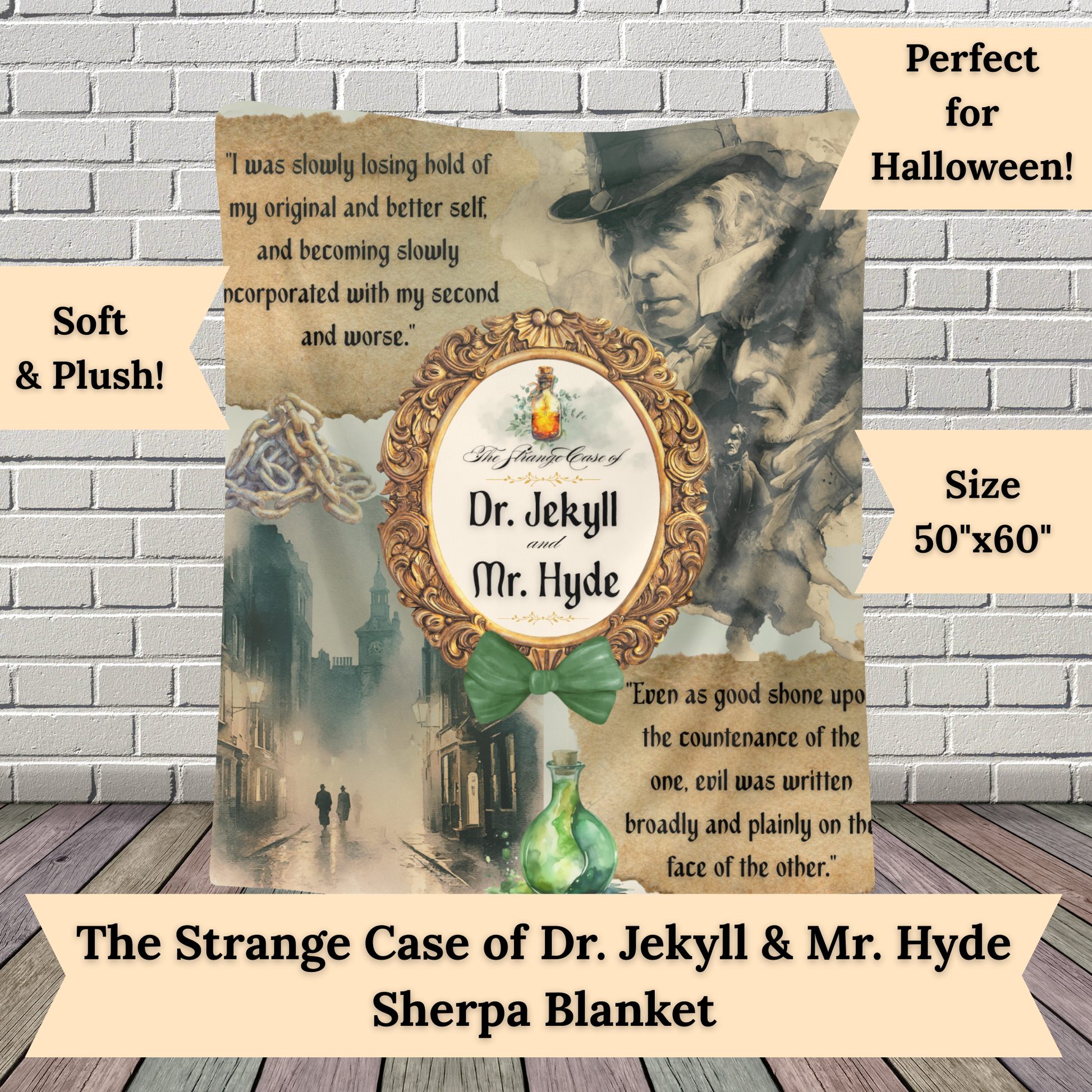 Blanket with 'The Strange Case of Dr. Jekyll & Mr. Hyde' design against a brick wall background.
