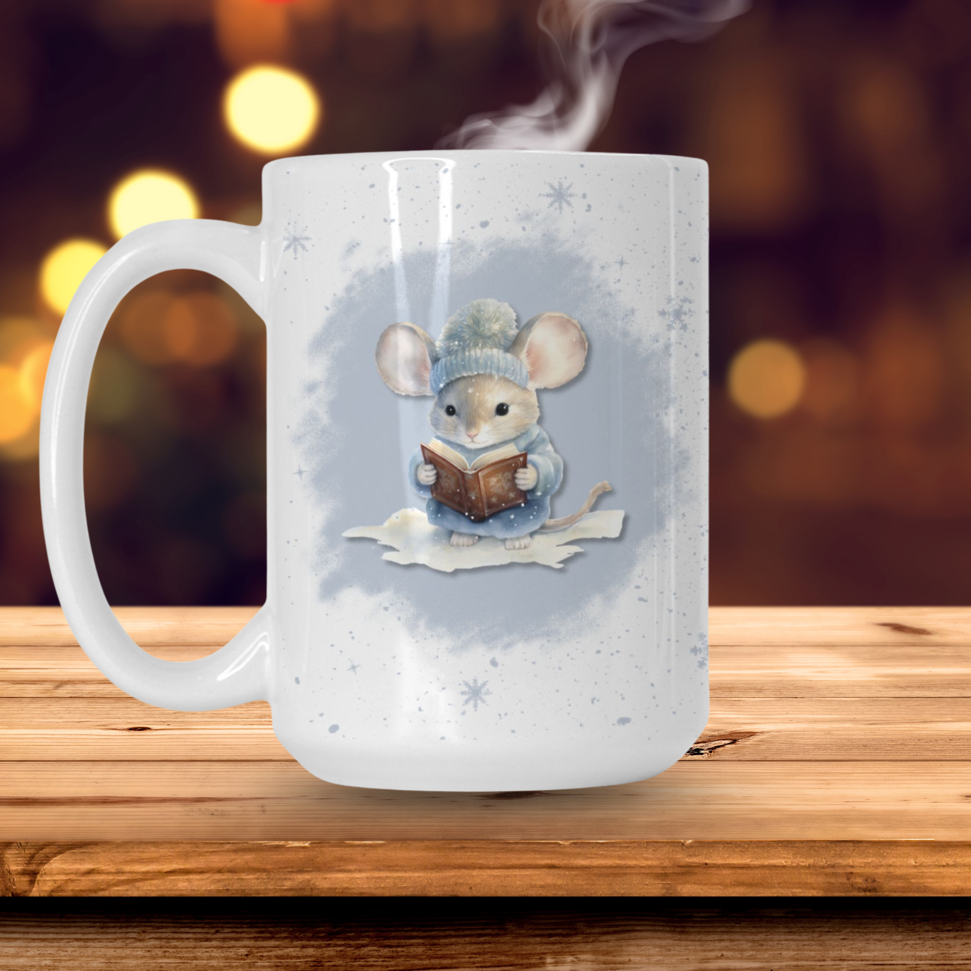 White mug with a mouse design reading a book, steam rising, on a wooden surface with a blurred background.