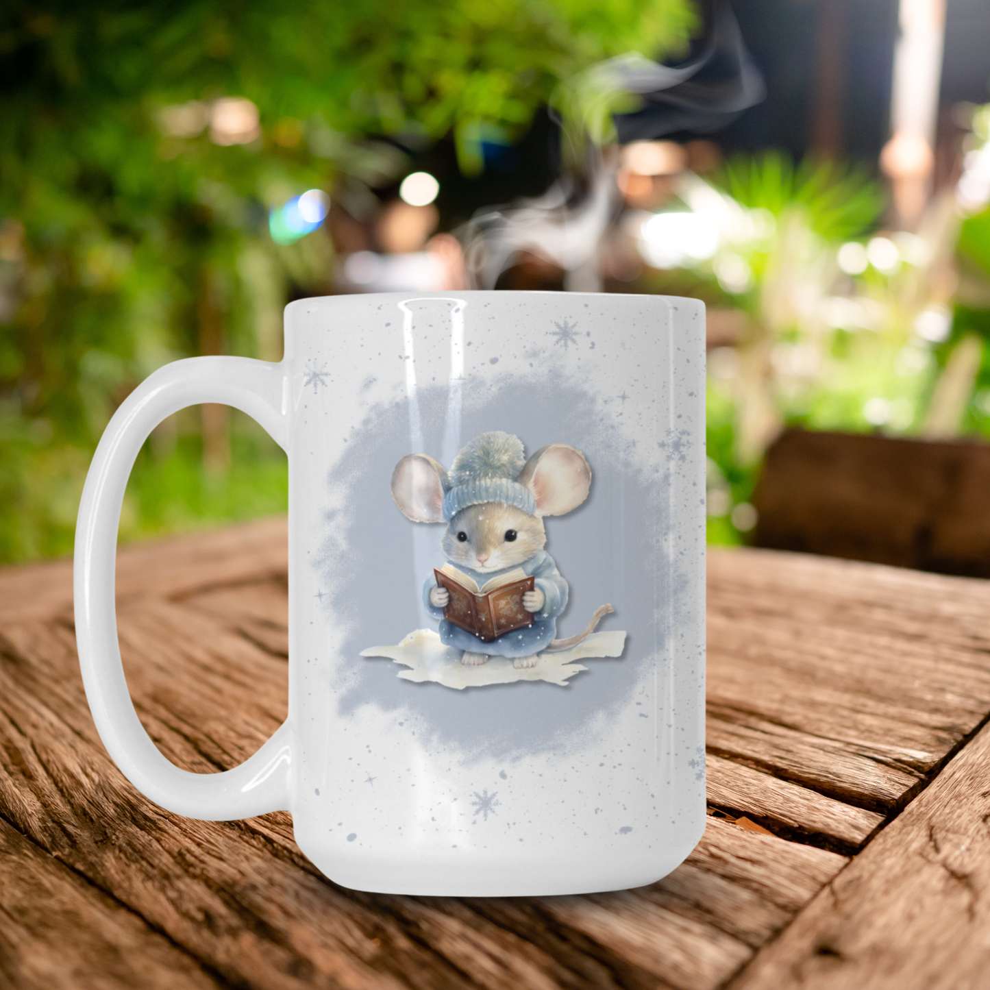 White mug with a mouse design holding a book on a wooden surface outdoors.