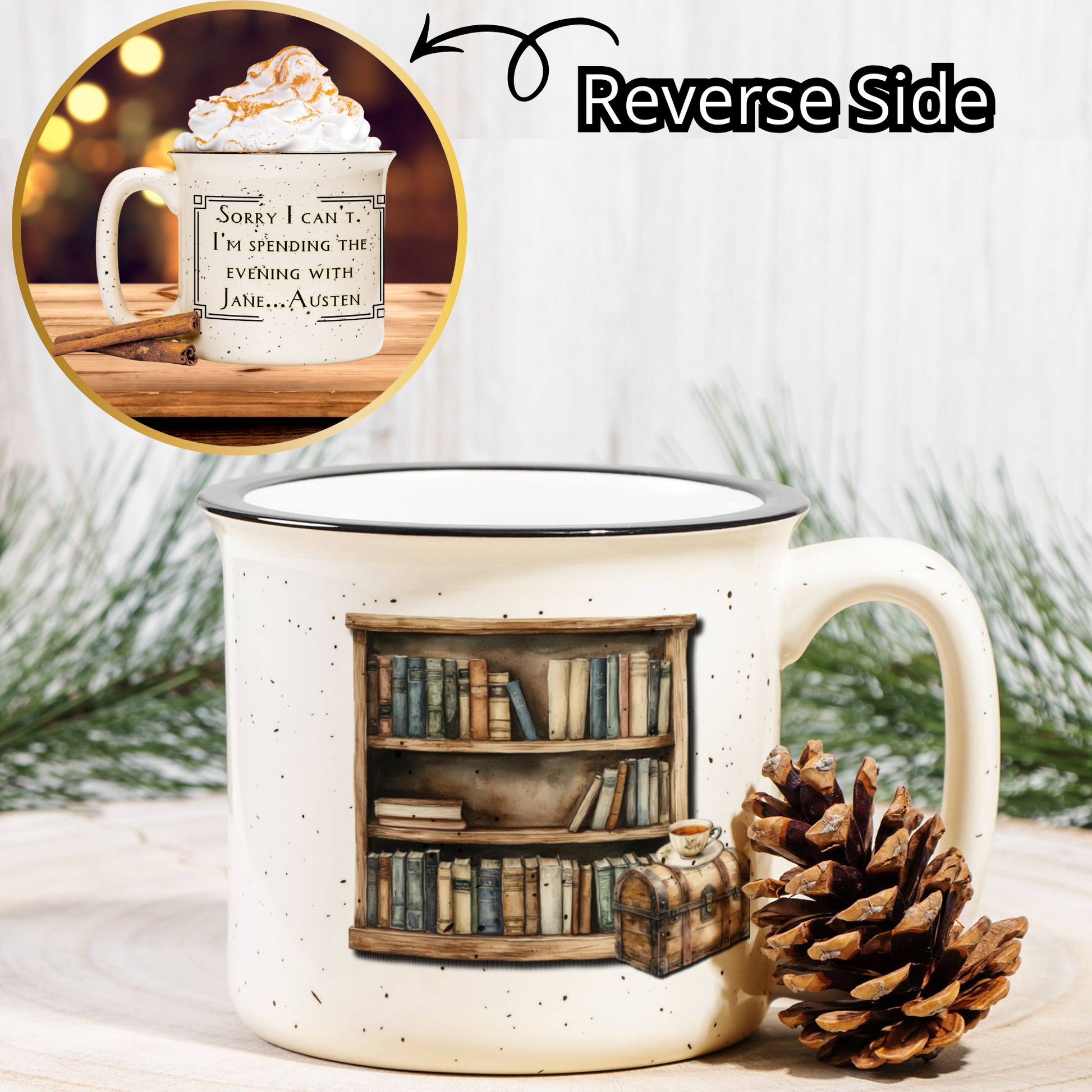 Speckled mug with watercolor bookshelf. Inset image of reverse side of mug with quote.