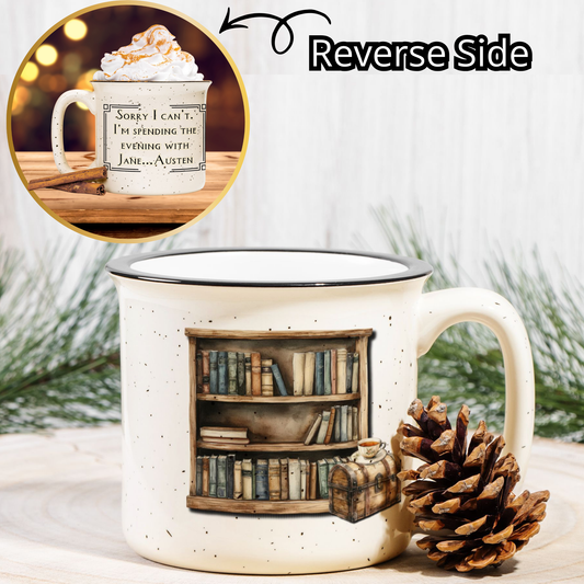 Speckled mug with watercolor bookshelf. Inset image of reverse side of mug with quote.