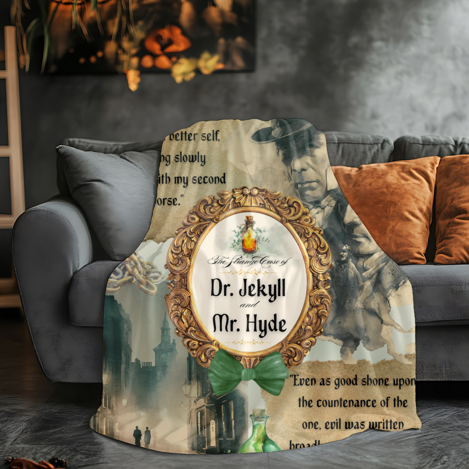 Blanket with Dr. Jekyll and Mr. Hyde design on a gray couch