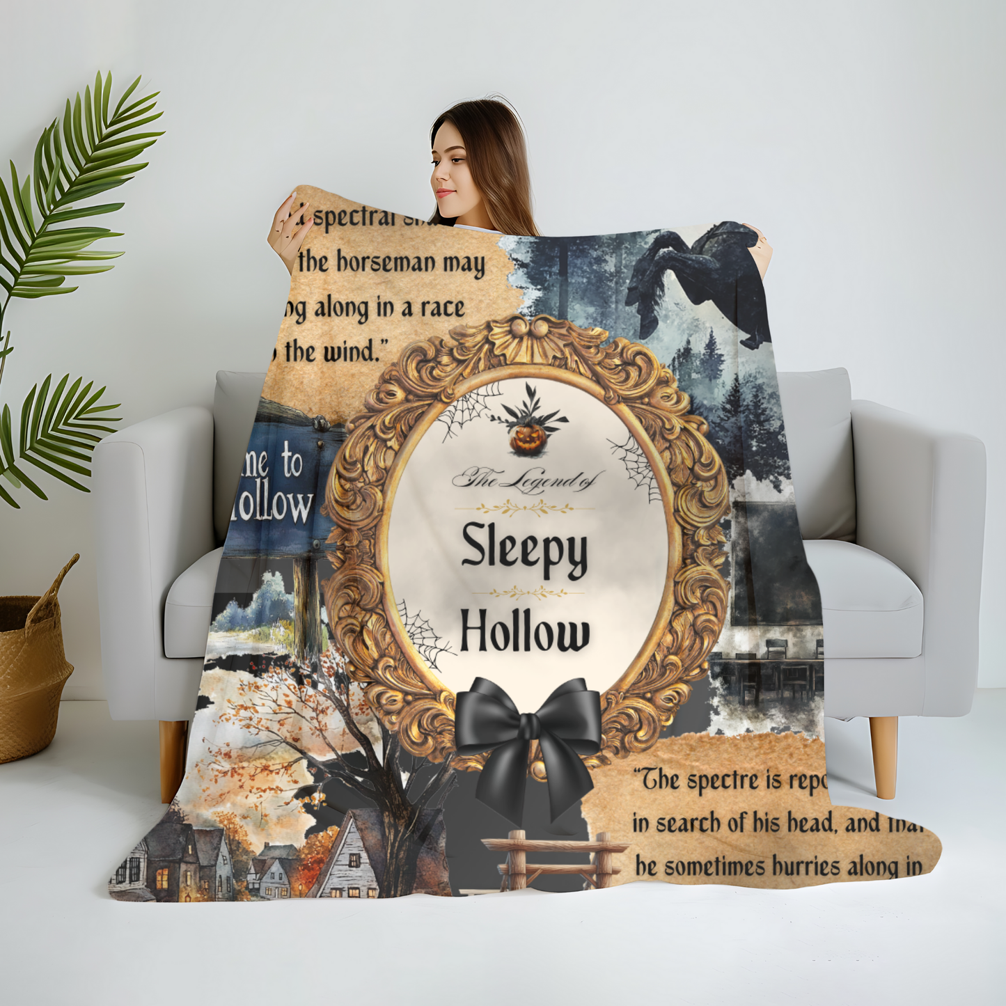 Woman holding a 'Legend of Sleepy Hollow' themed blanket with a decorative frame design.