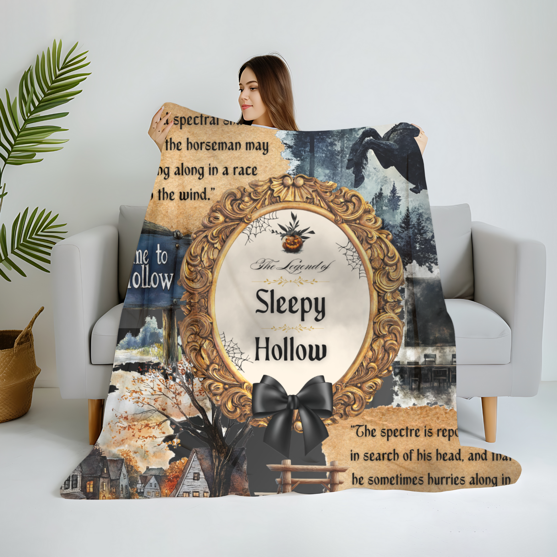 Woman holding a 'Legend of Sleepy Hollow' themed blanket with a decorative frame design.
