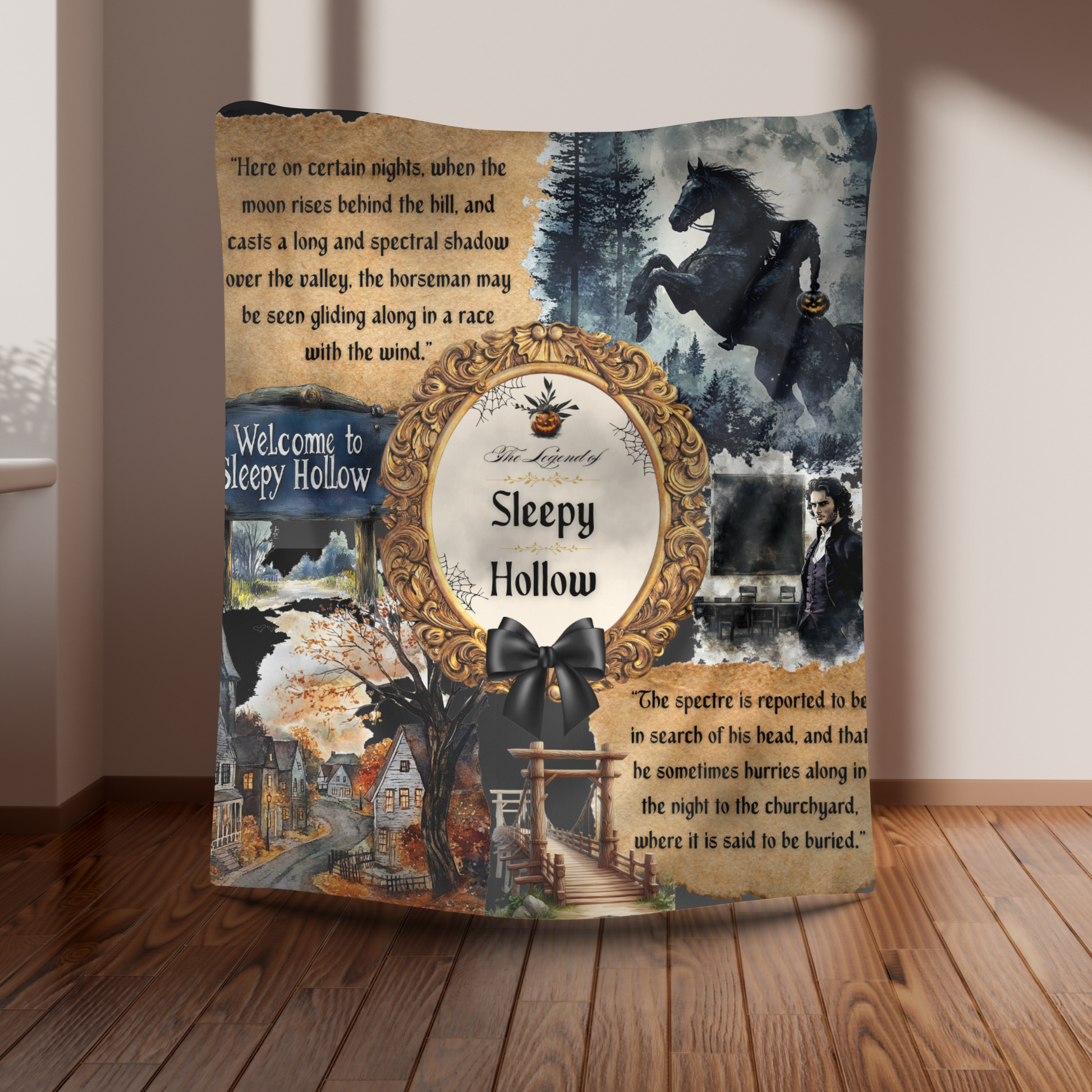 Fleece blanket with 'Sleepy Hollow' design featuring a horse, village, and text on a wooden floor.