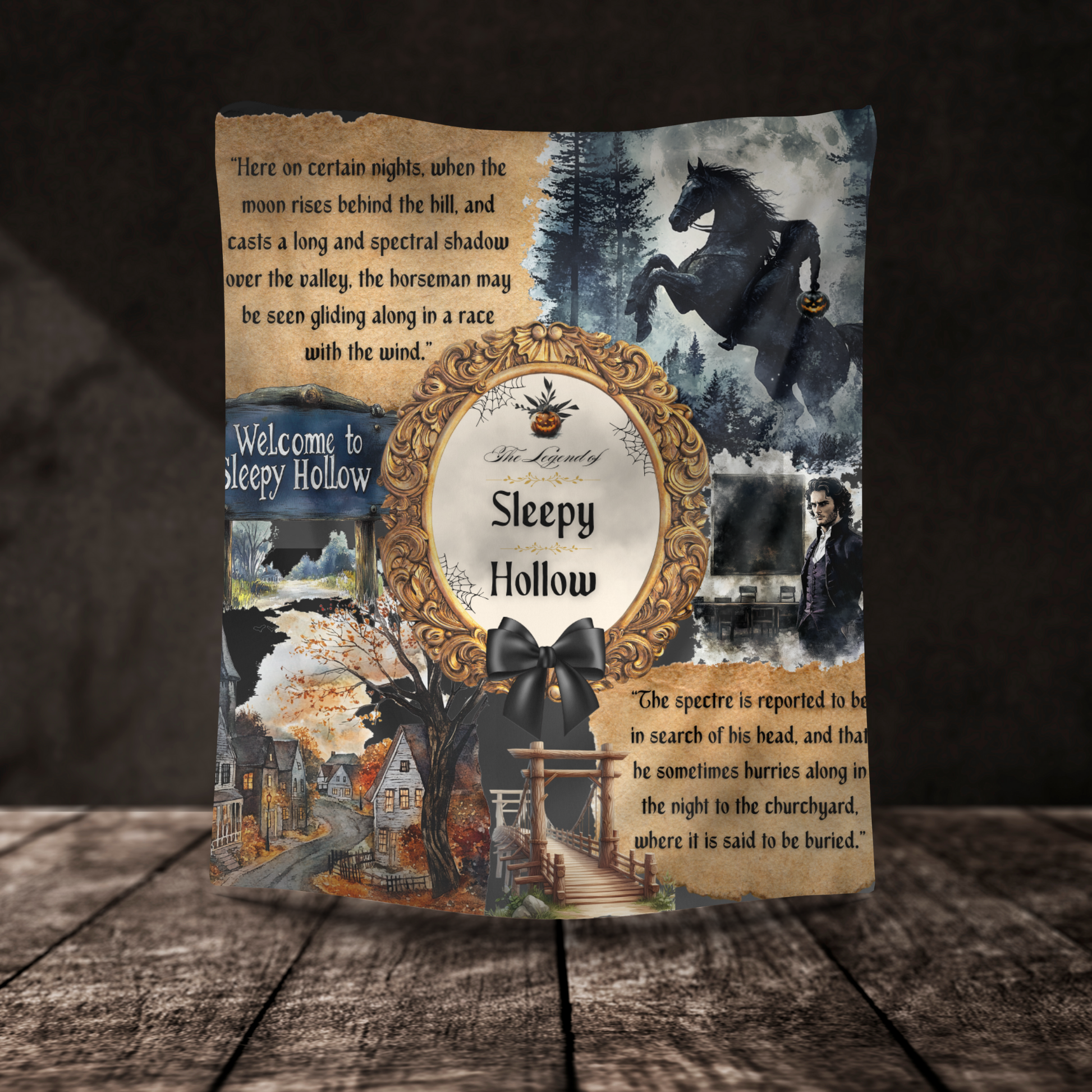 Sherpa blanket with 'Sleepy Hollow' theme featuring a horse, village, and quotes from the book on a wooden surface.