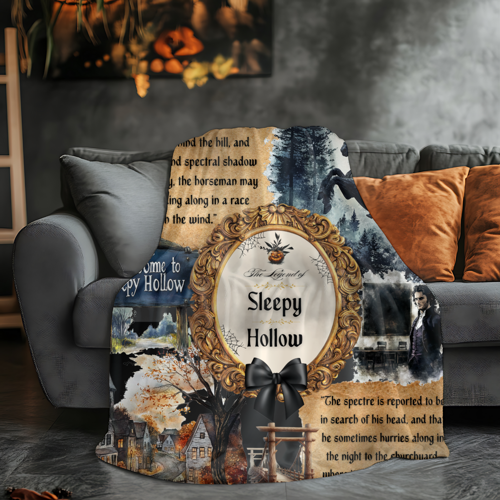 Fleece blanket with 'Sleepy Hollow' design on a couch