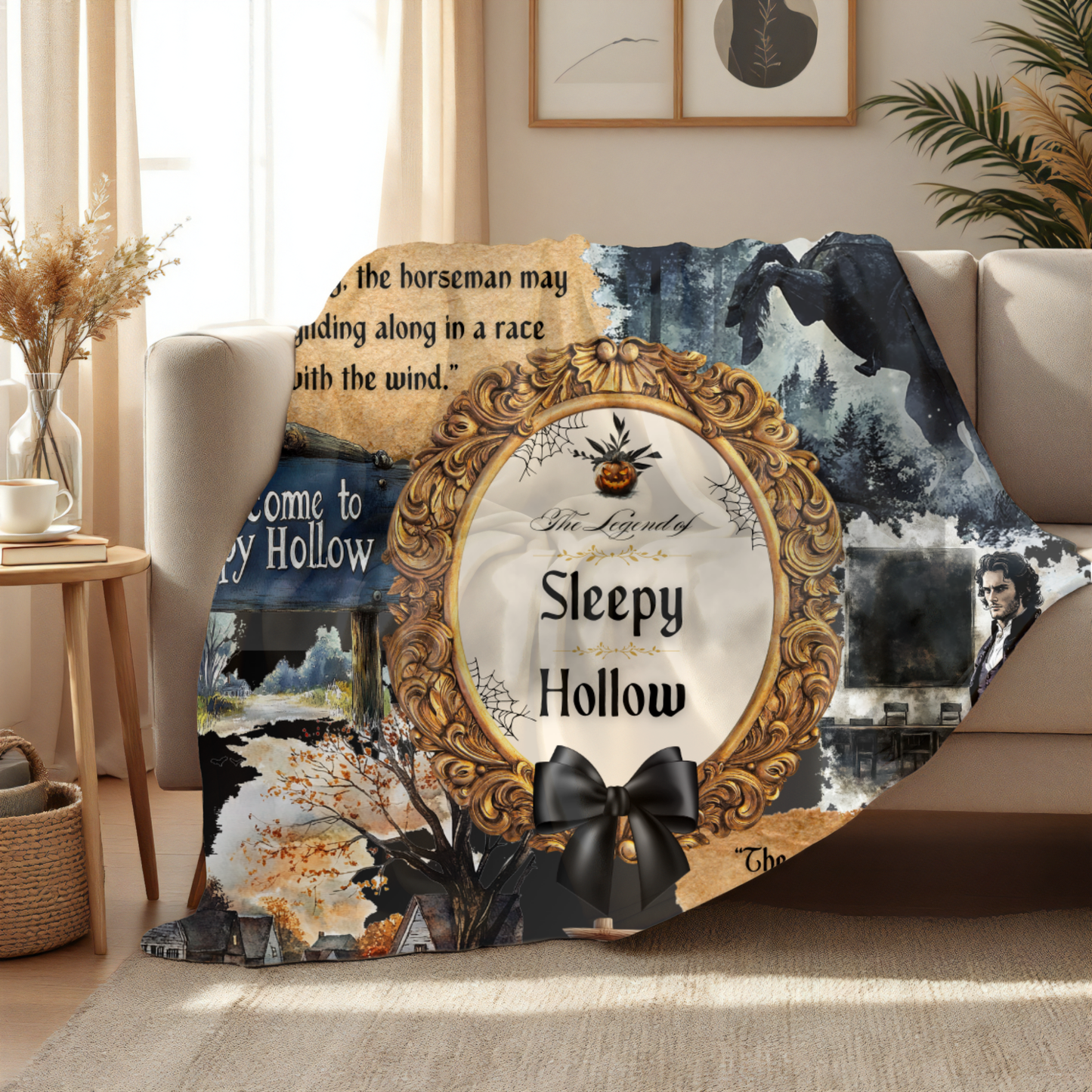 Decorative blanket with 'Sleepy Hollow' design on a couch in a living room.