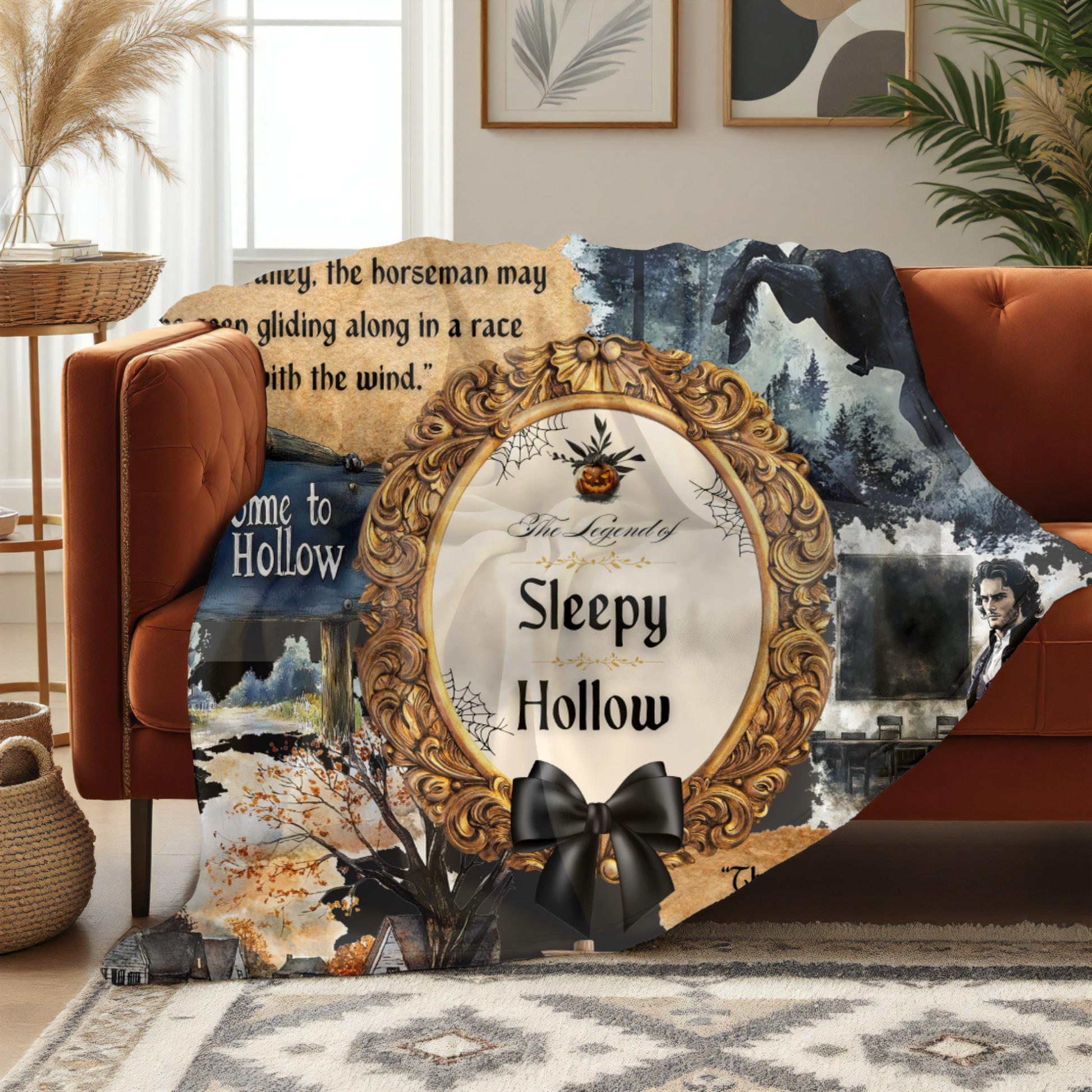 Decorative blanket with 'The Legend of Sleepy Hollow' design draped over a couch in a living room.