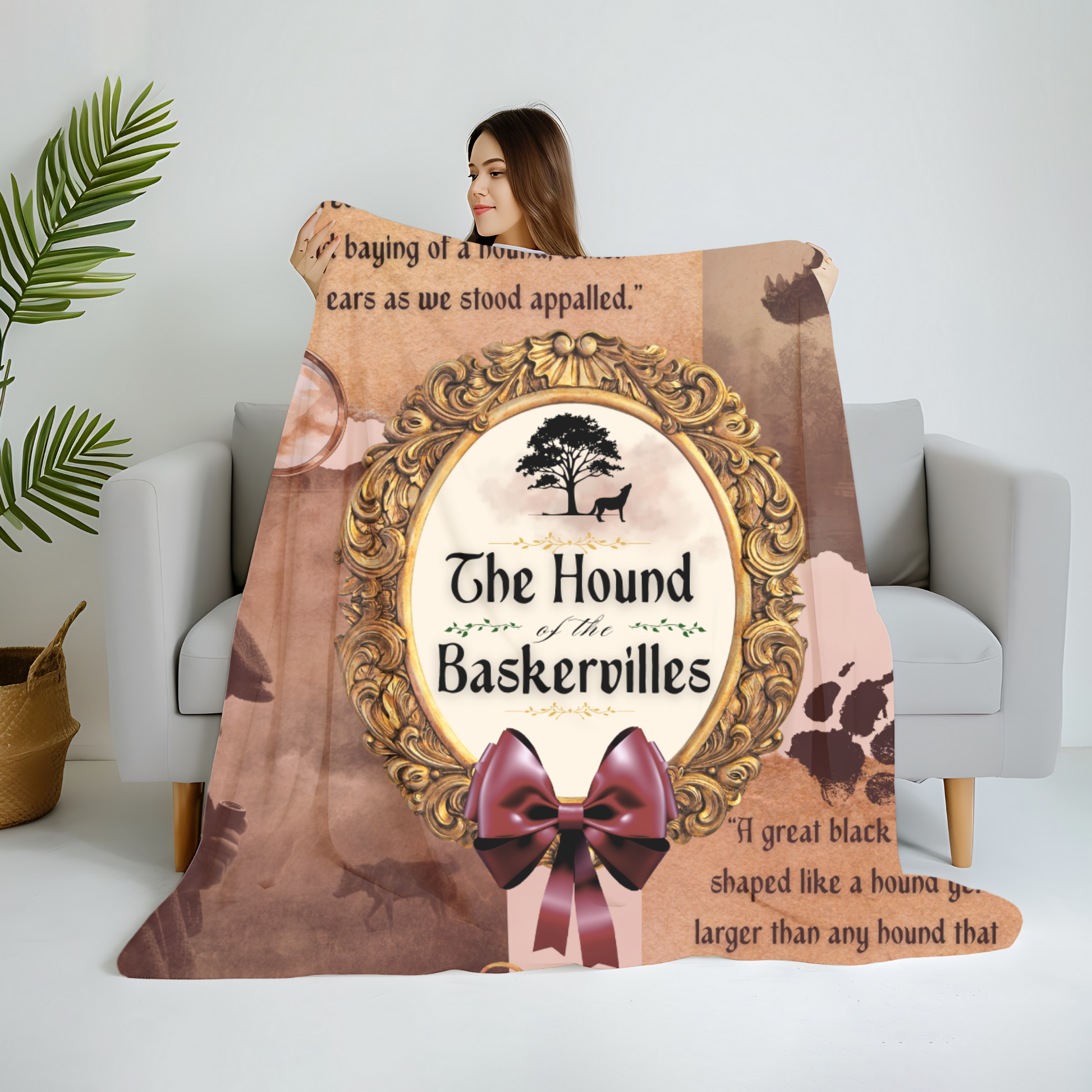 Person holding a blanket with 'The Hound of the Baskervilles' design