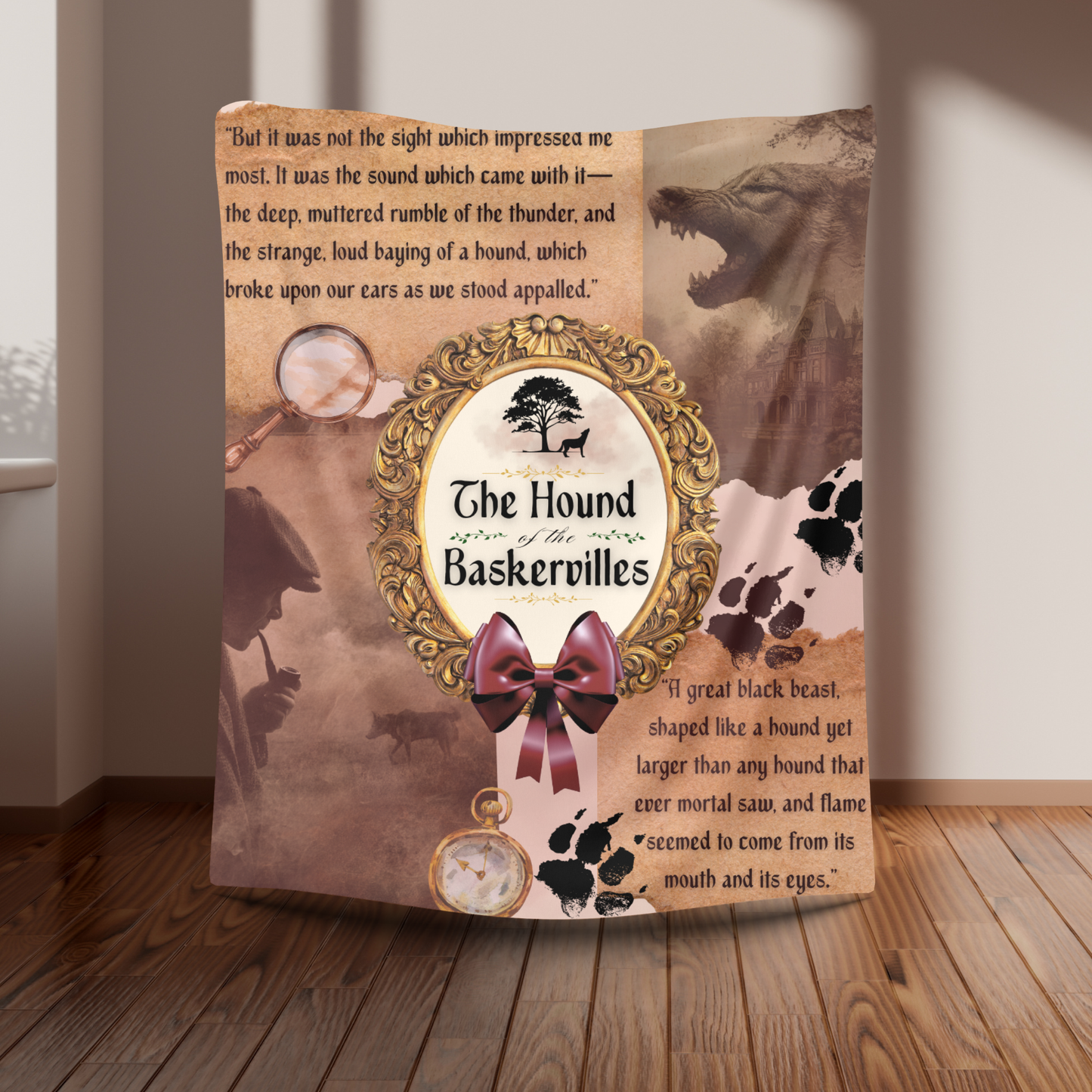 Full length image of The Hound of the Baskervilles Sherpa blanket in an empty room with wooden floors,