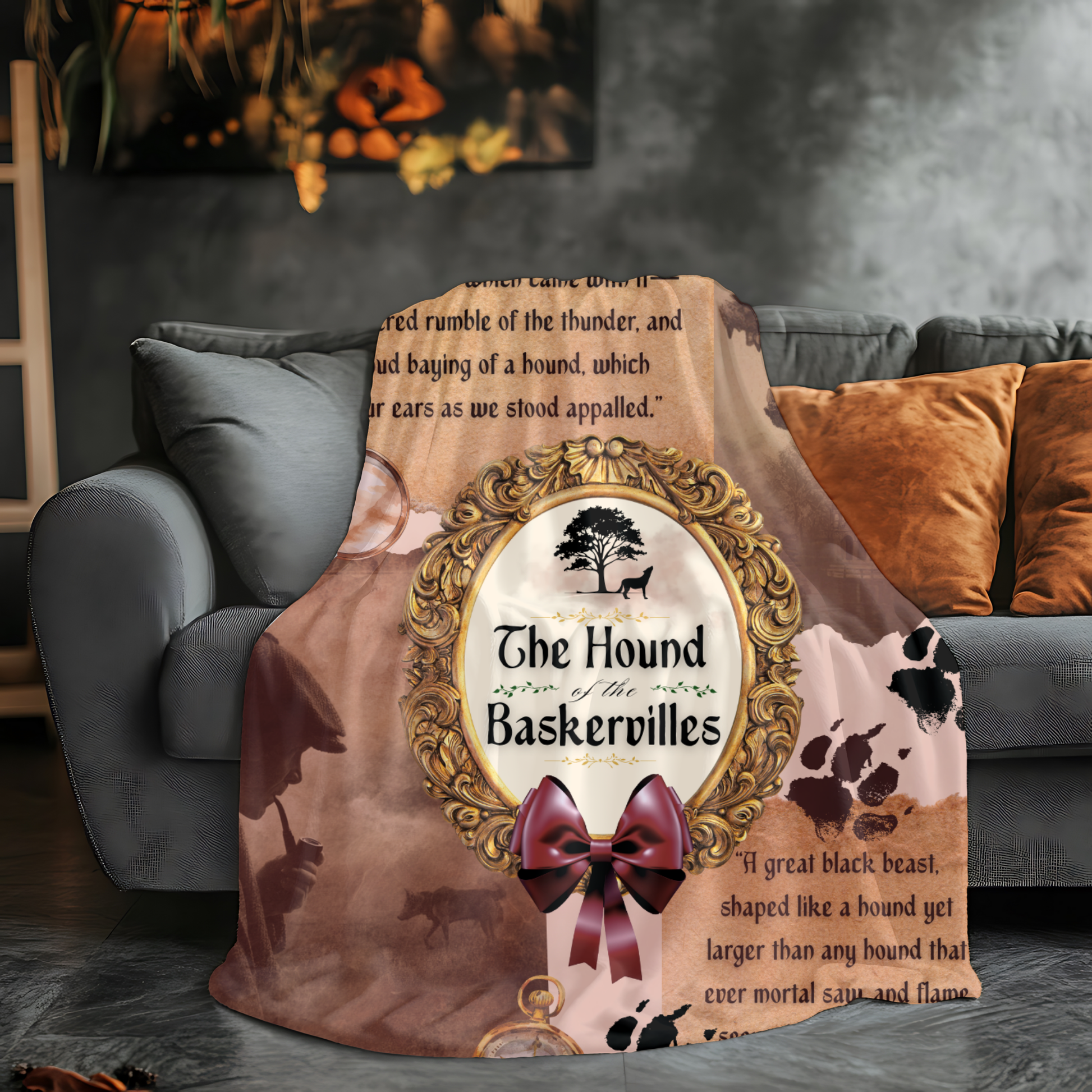 Blanket with 'The Hound of the Baskervilles' design on a couch