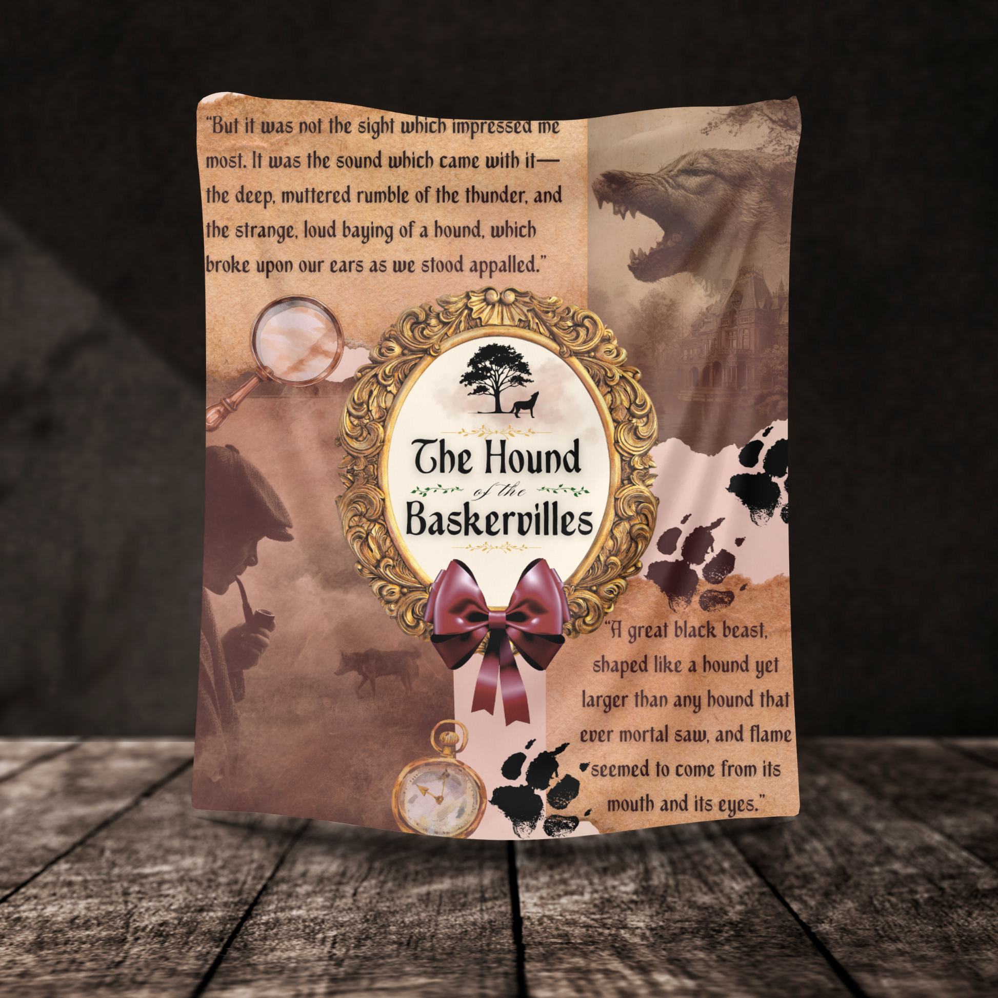 Sherpa blanket with 'The Hound of the Baskervilles' design on a wooden surface.