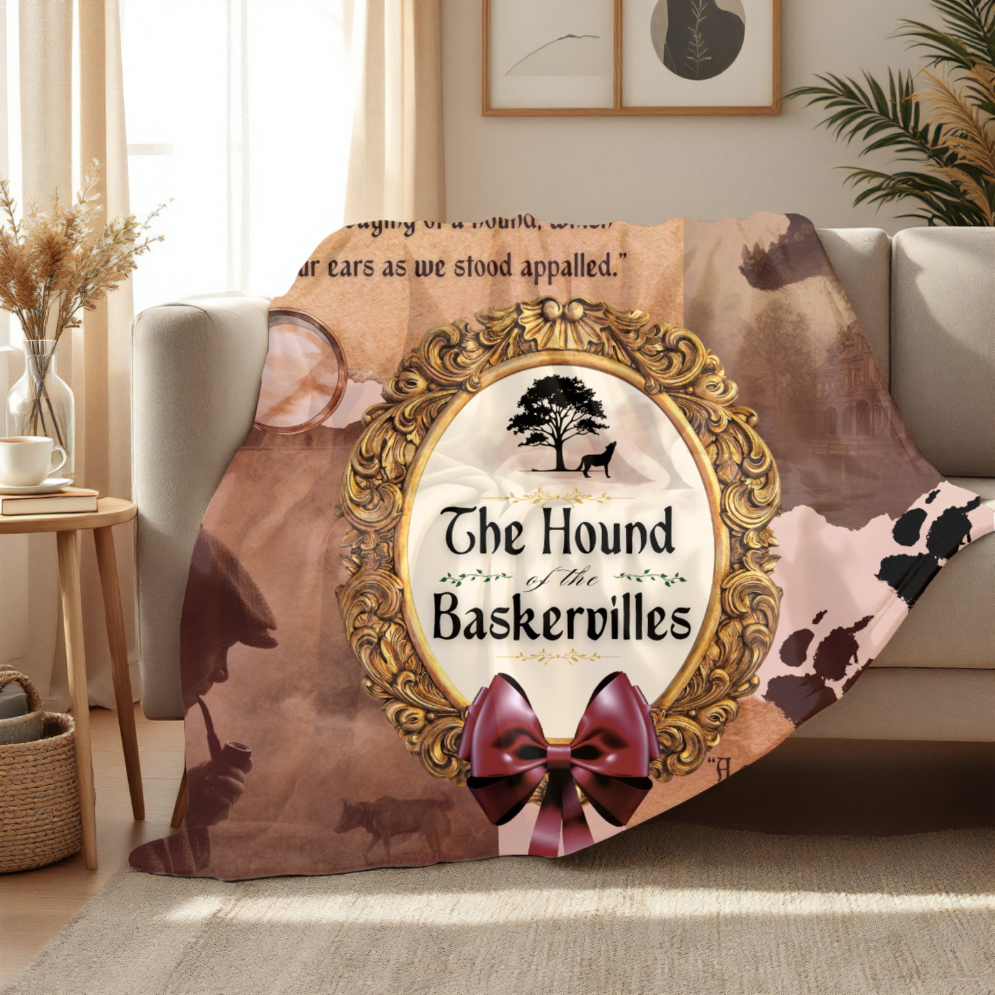 Blanket with 'The Hound of the Baskervilles' design on a couch in a living room.