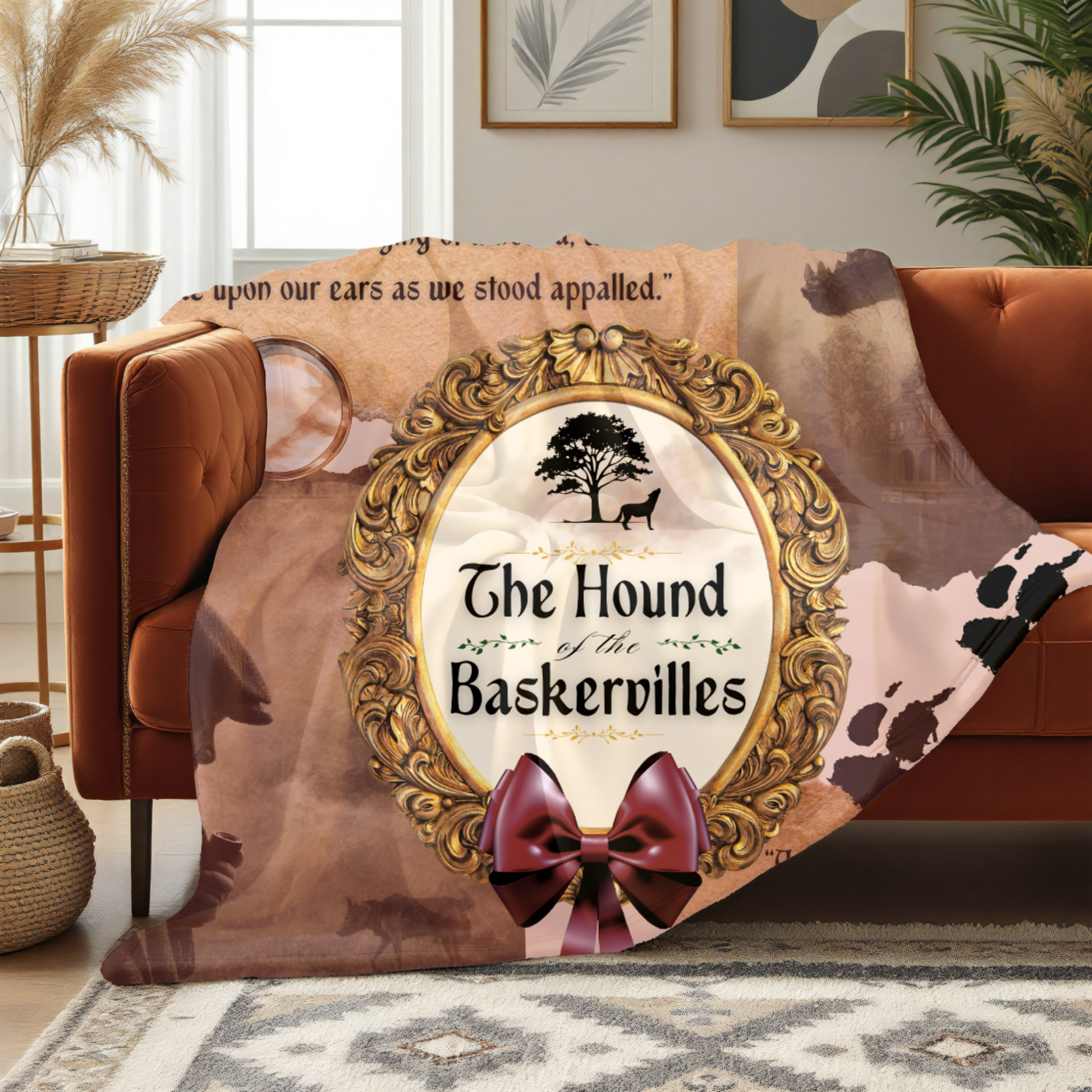 Blanket with 'The Hound of the Baskervilles' design on a couch in a living room.