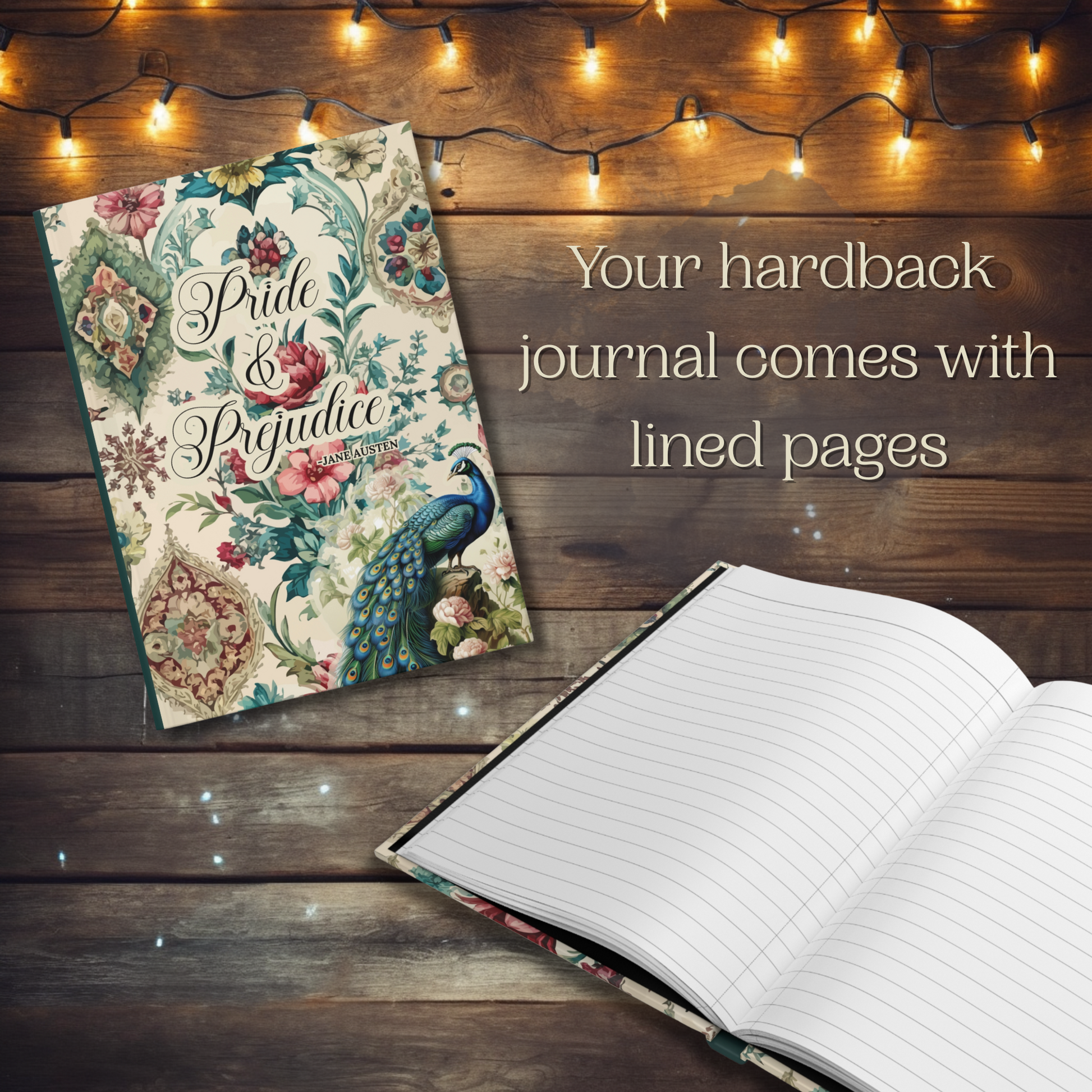 Decorative journal with floral design and peacock on wooden surface with open journal showing lined pages. Text reads - "Your hardback journal comes with lined pages"