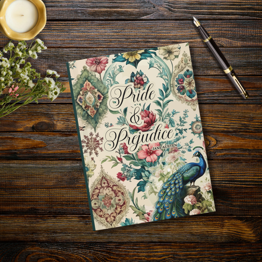Journal titled 'Pride & Prejudice' with decorative cover on a wooden surface with flowers and a pen.