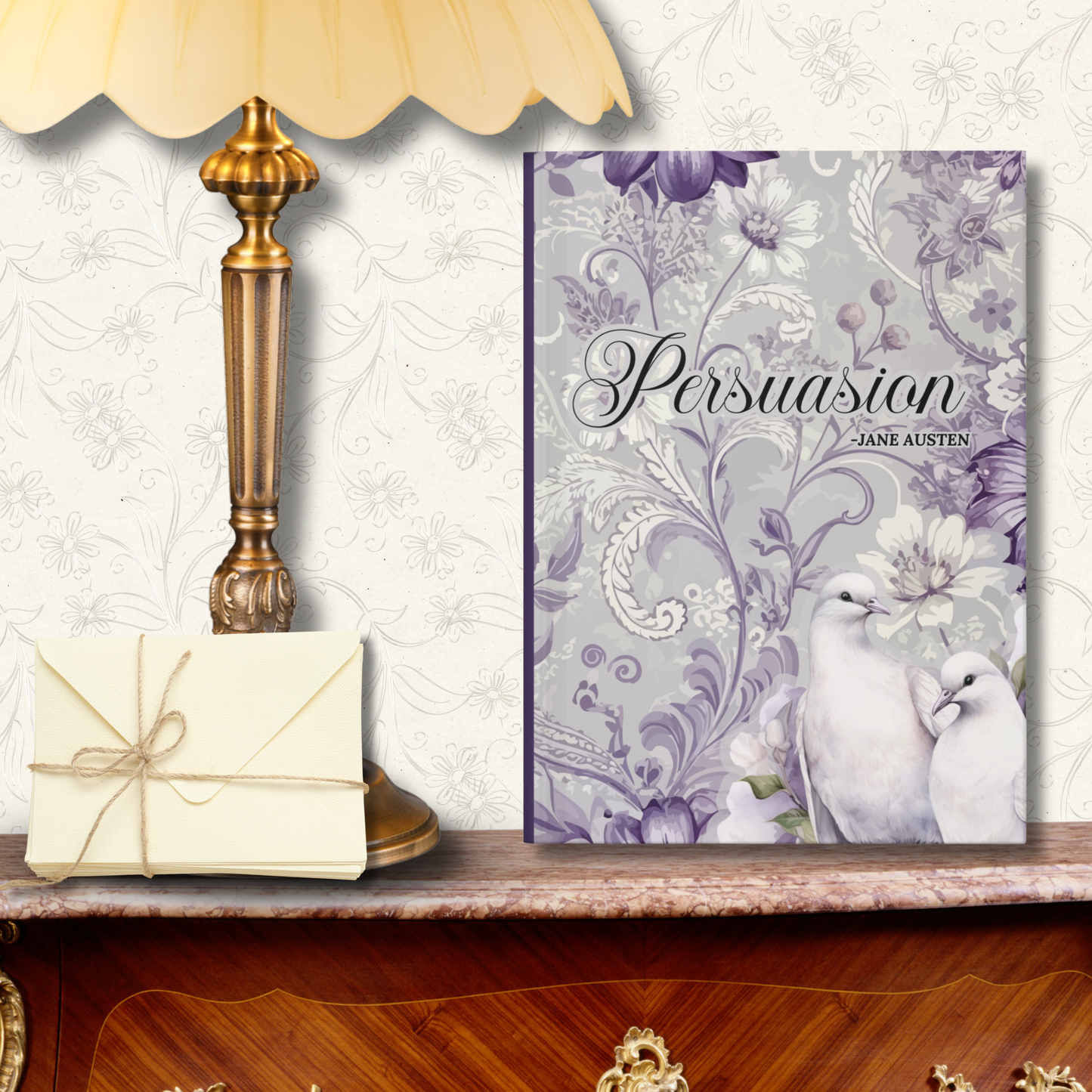 Notebook titled 'Persuasion' by Jane Austen on a decorative shelf with a lamp and stack of envelopes tied with string.
