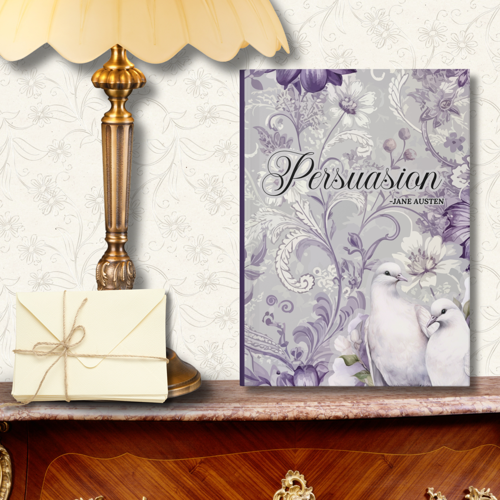 Notebook titled 'Persuasion' by Jane Austen on a decorative shelf with a lamp and stack of envelopes tied with string.