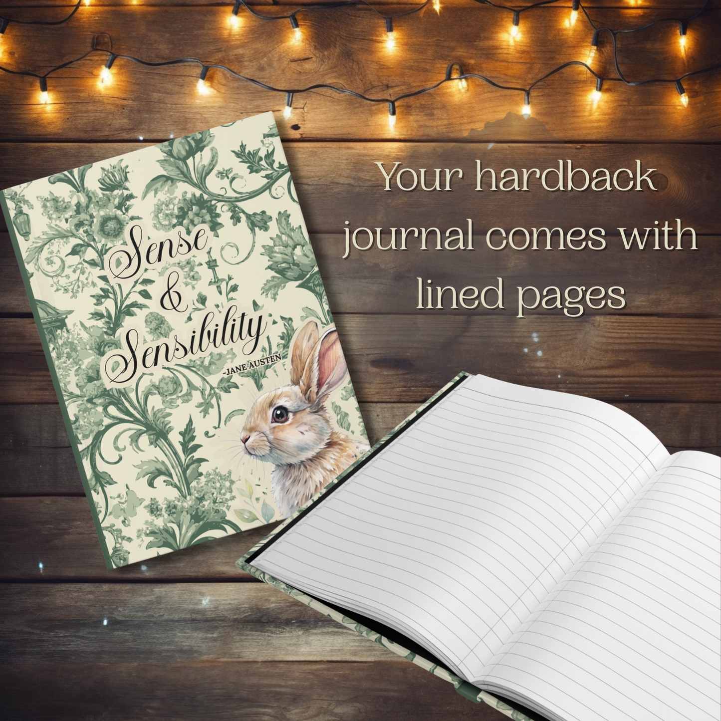 Sense & Sensibility journal with green toiledesign and rabbit illustration on wooden surface with string lights. Text reads, "Your hardback journal comes with lined pages."