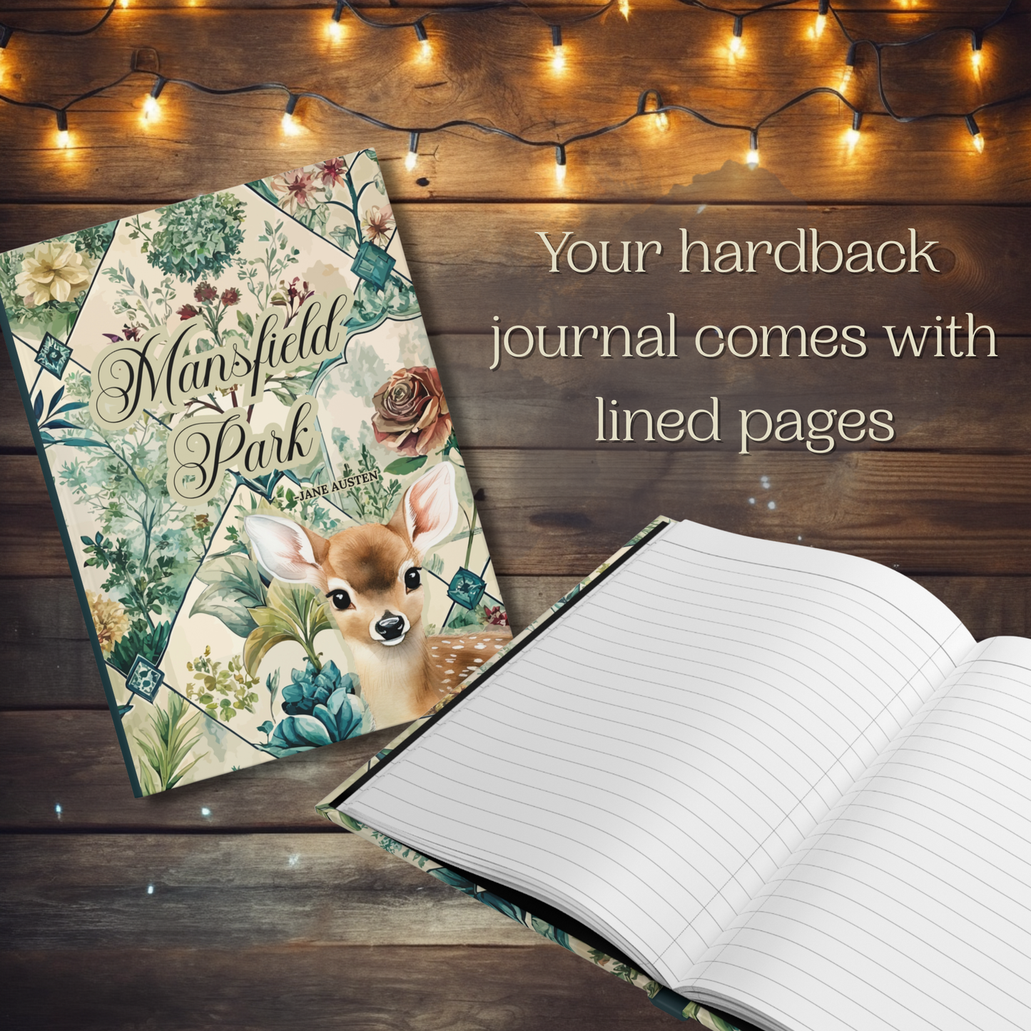 Journal with floral design and deer illustration on wooden surface with string lights