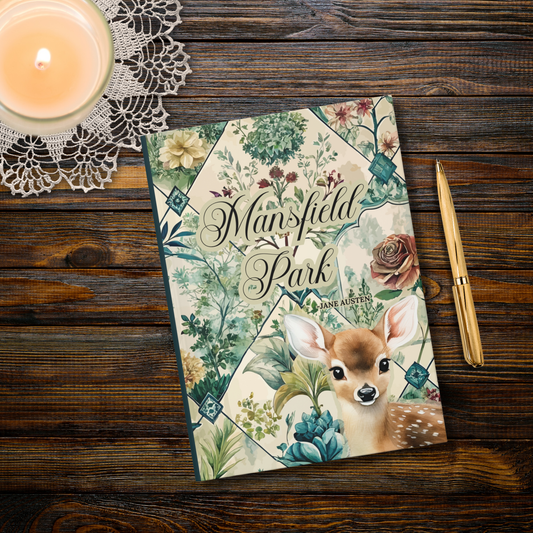 Notebook titled 'Mansfield Park' with a deer illustration on a wooden surface with a candle and pen.