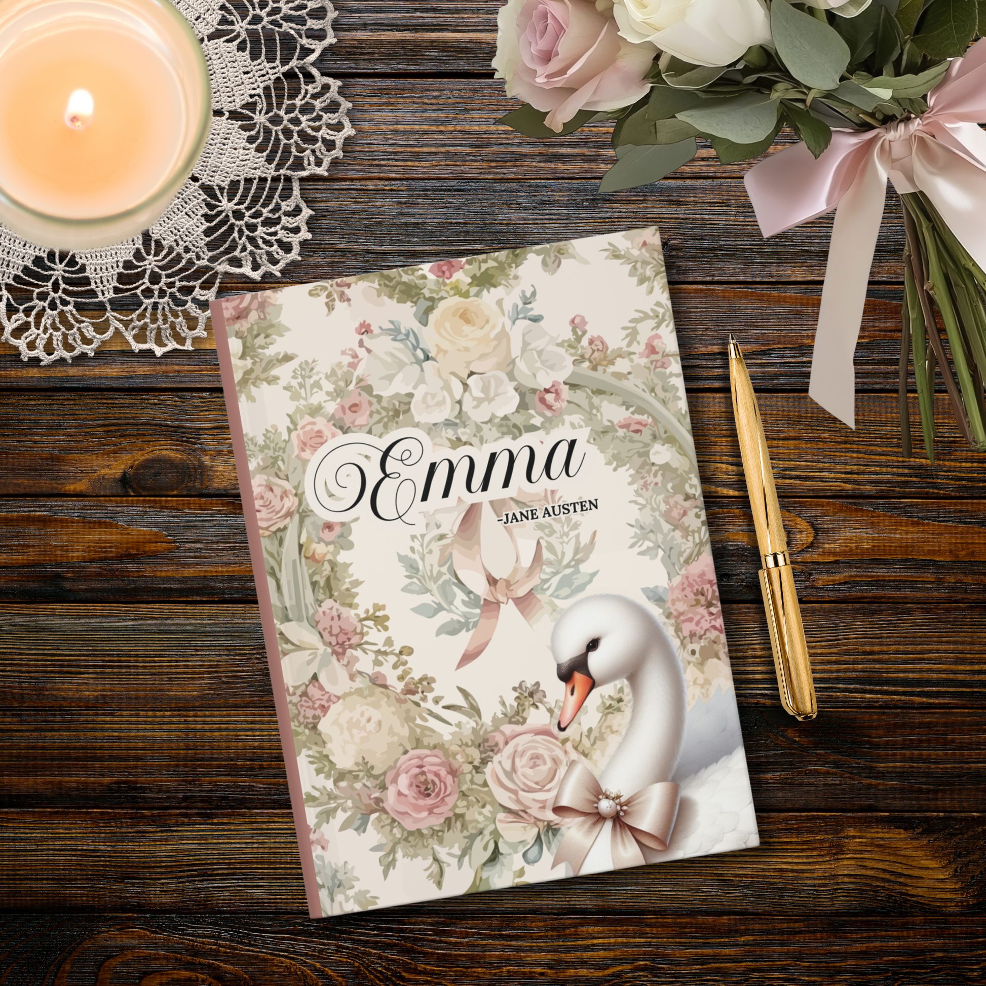 Journal titled 'Emma' by Jane Austen on a wooden surface with a candle and flowers.