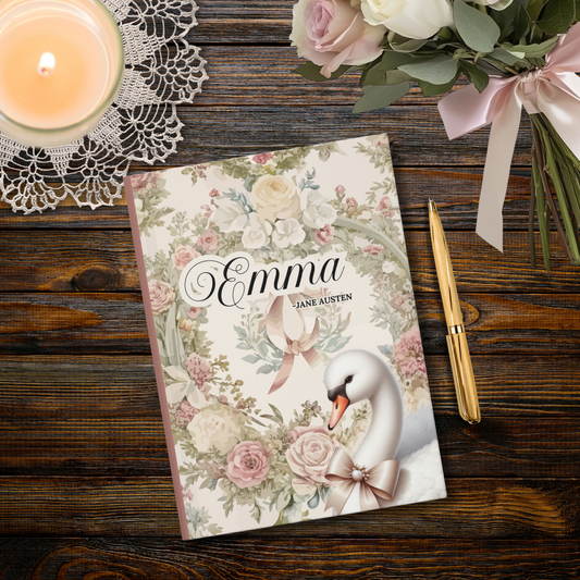 Journal titled 'Emma' by Jane Austen on a wooden surface with a candle and flowers.