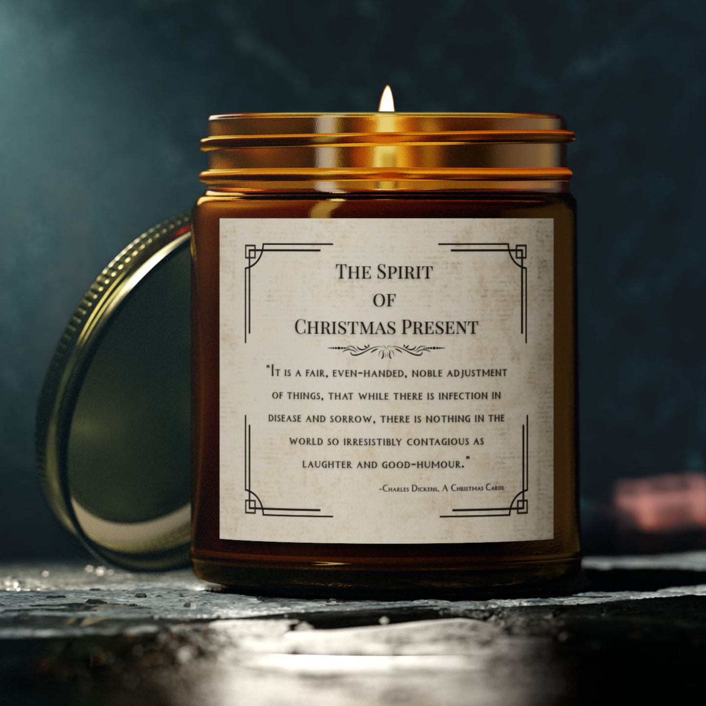 Candle in a jar with a decorative label on a dark background