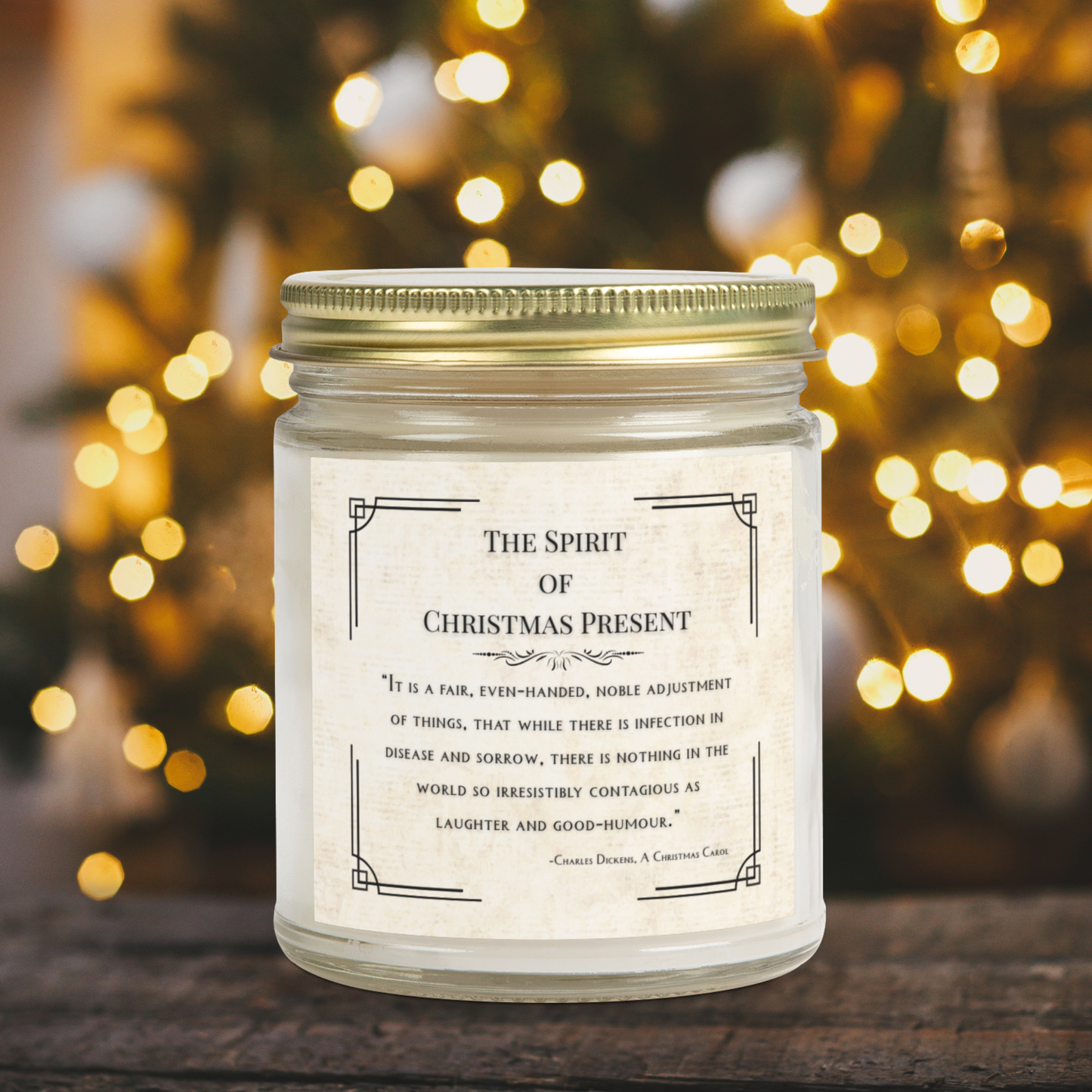 Candle jar with a Christmas-themed label against a blurred festive background