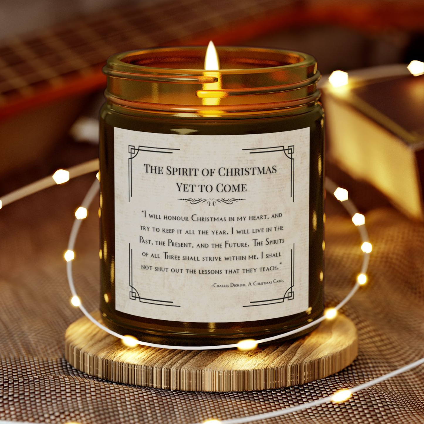Candle in a jar with a Christmas-themed label on a wooden coaster, surrounded by string lights.
