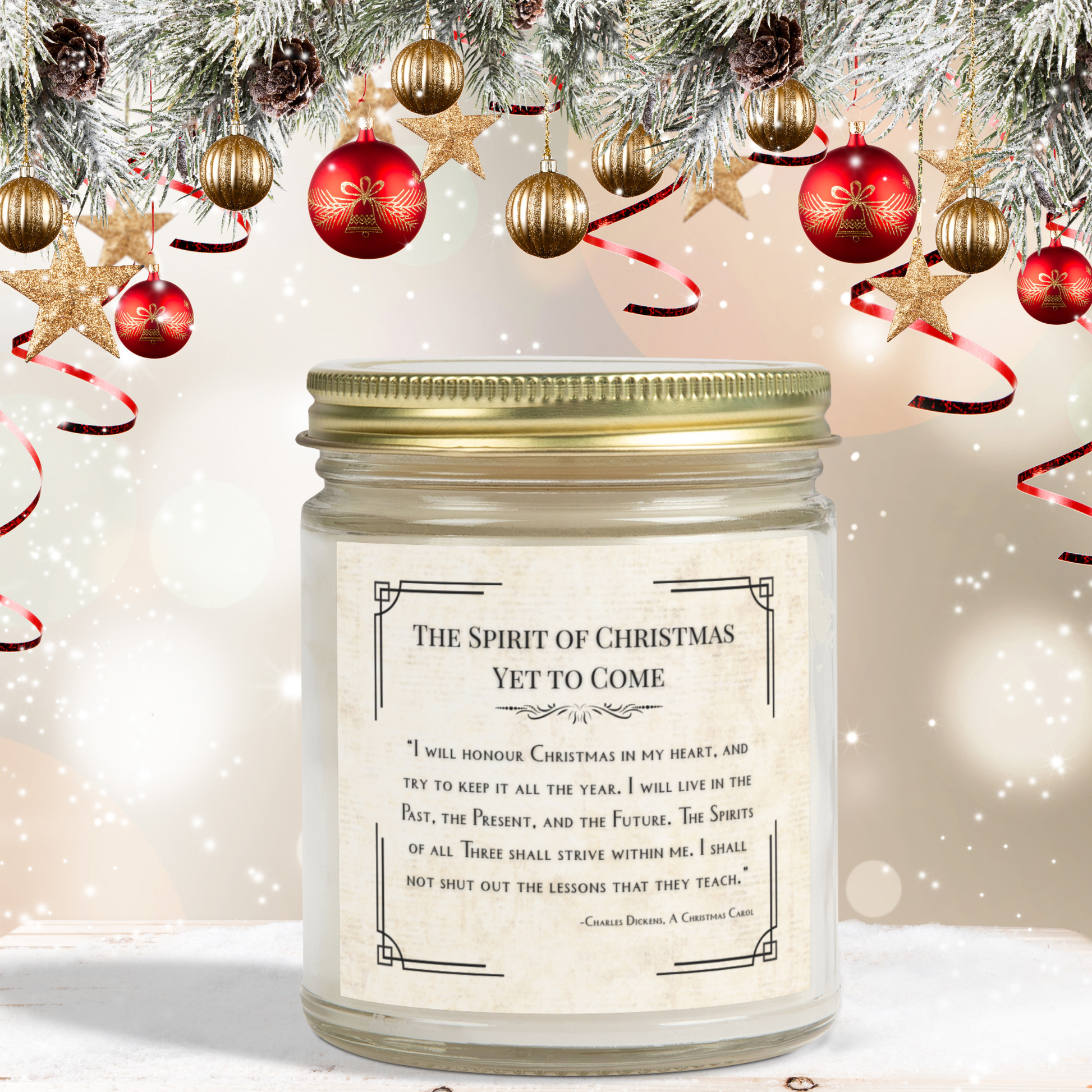 Candle with a Christmas-themed label in front of festive decorations