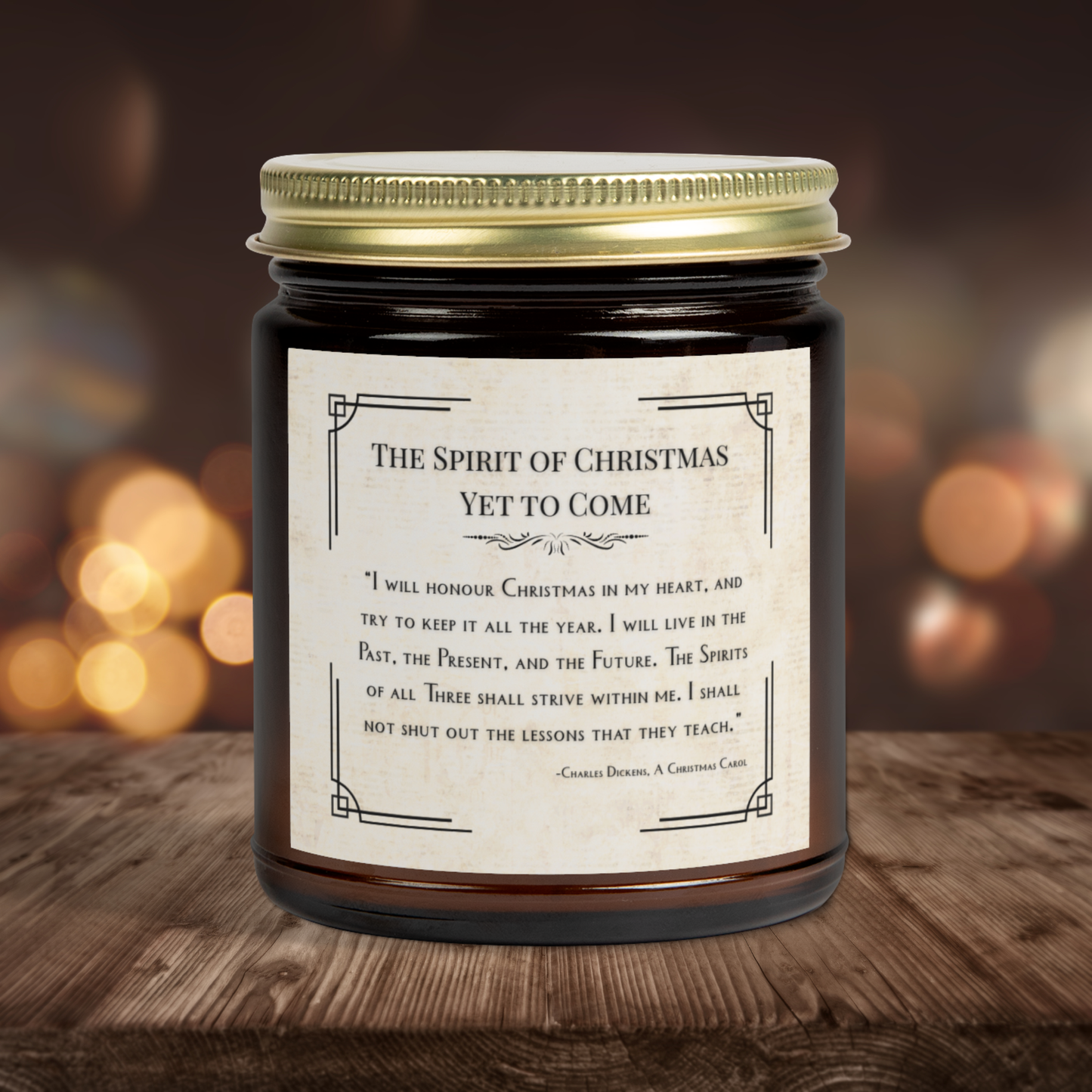 Candle jar with a Christmas-themed label on a wooden surface with blurred lights in the background