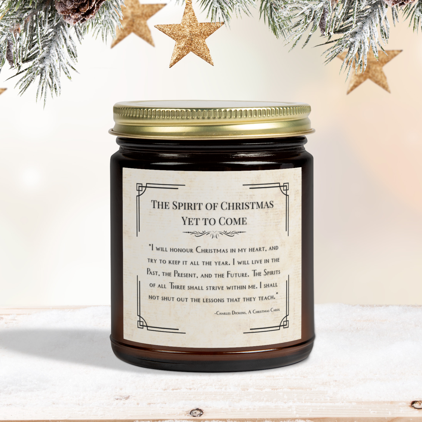 Candle jar with a Christmas-themed label and decorative stars in the background
