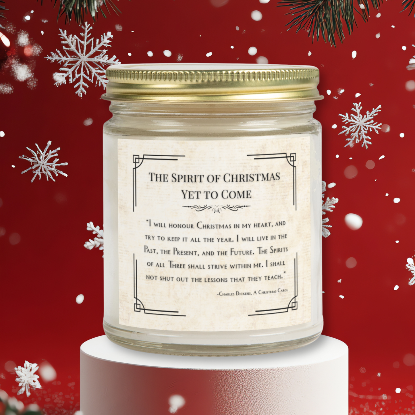 Candle with a Christmas-themed label on a red background with snowflakes