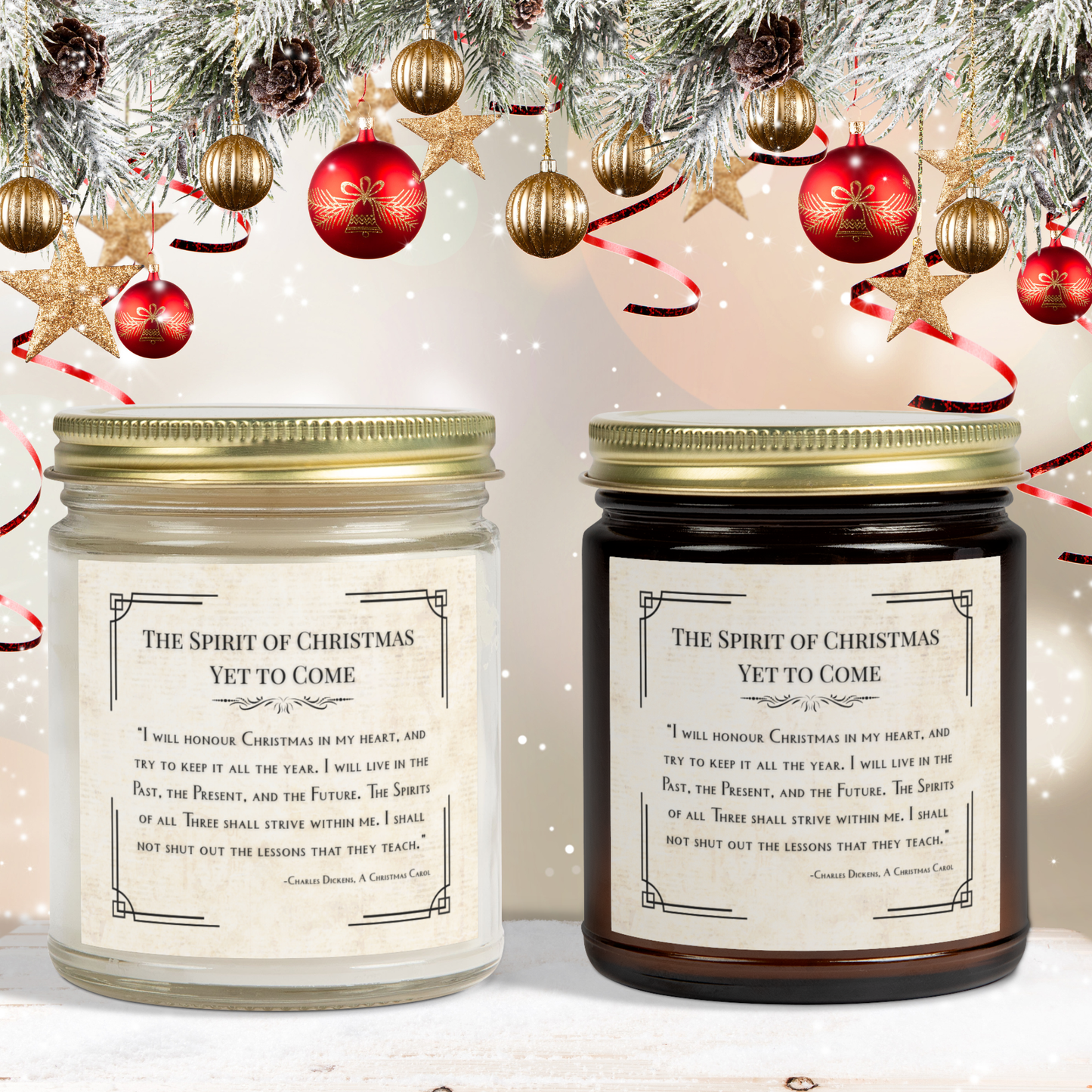 Two candles with Christmas-themed labels in front of a decorated Christmas tree.