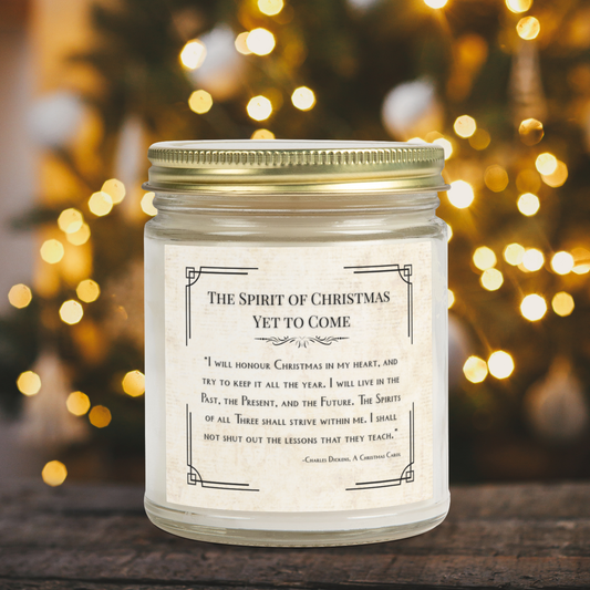 Candle jar with a Christmas-themed quote against a blurred festive background